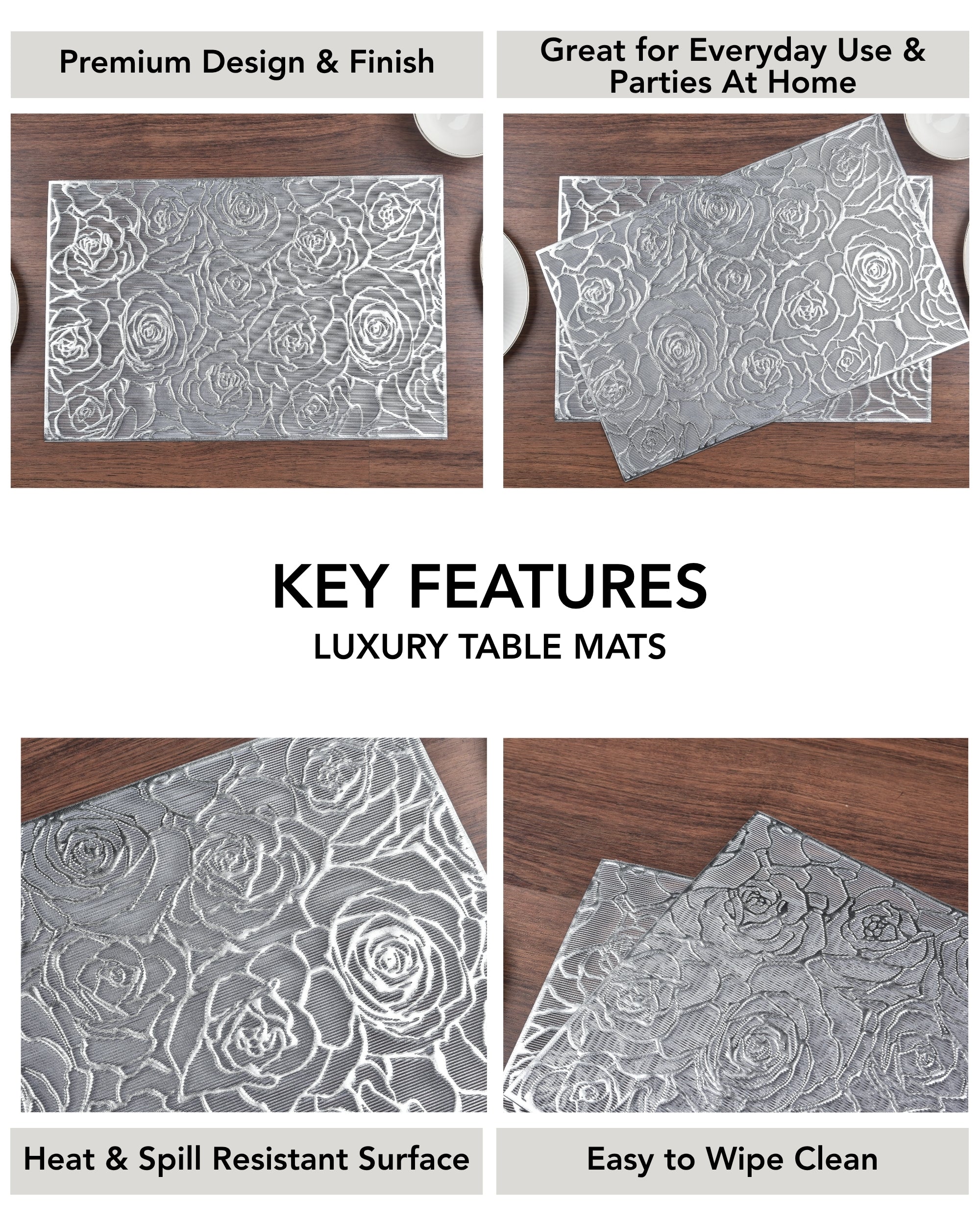 Premsons® Silver Floral Design Rectangle Metallic Placemats – Washable, Wipeable, Non-Slip & Stain-Resistant Hollow Table Mats for Dining, Kitchen, Wedding & Party Decoratio