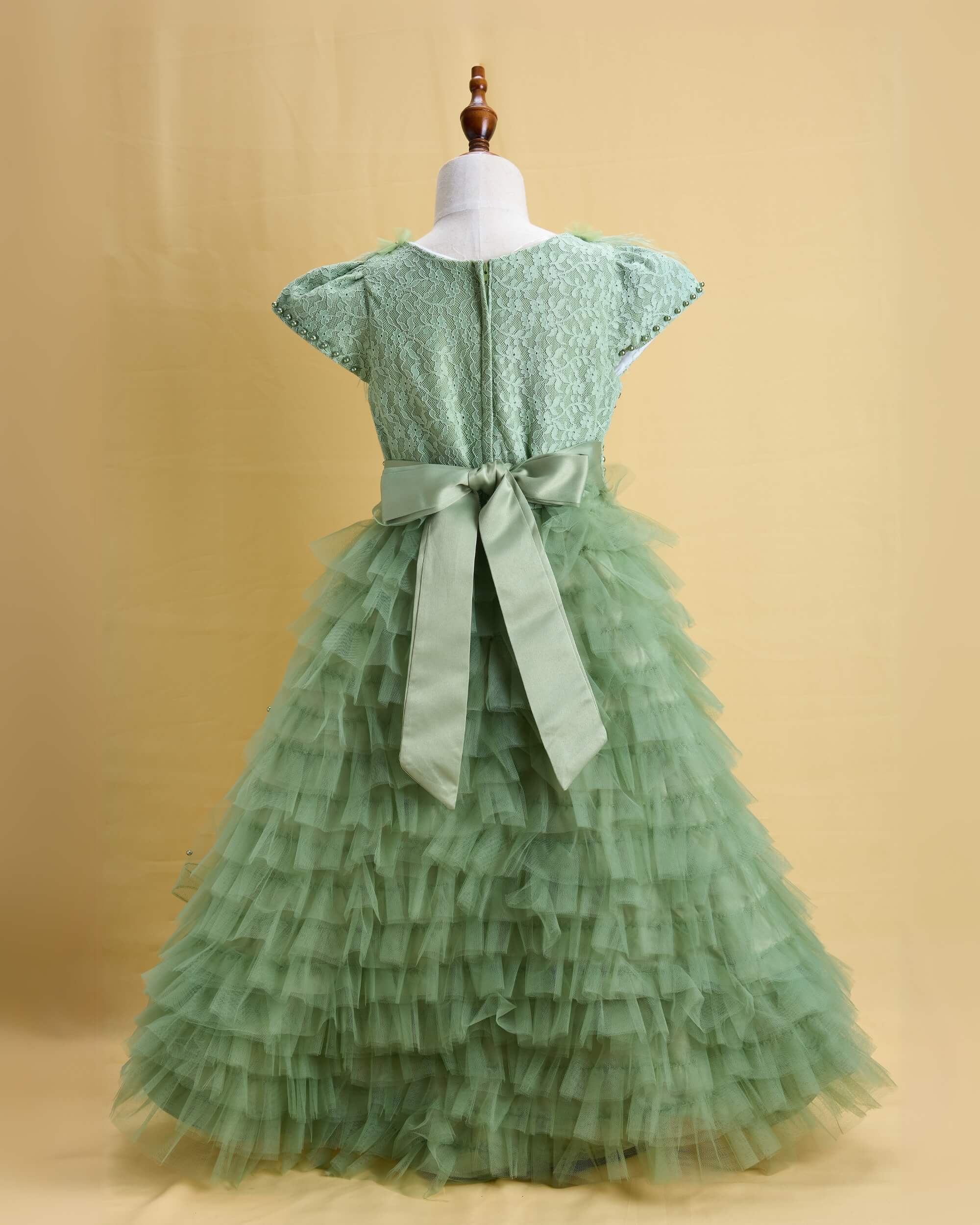 Premsons® Party Dress for Girls – Elegant Green Embellished Gown with Sequined Bodice, Soft Tulle Layers & Feather Detailing – Perfect for Birthdays, Weddings & Special Occasions