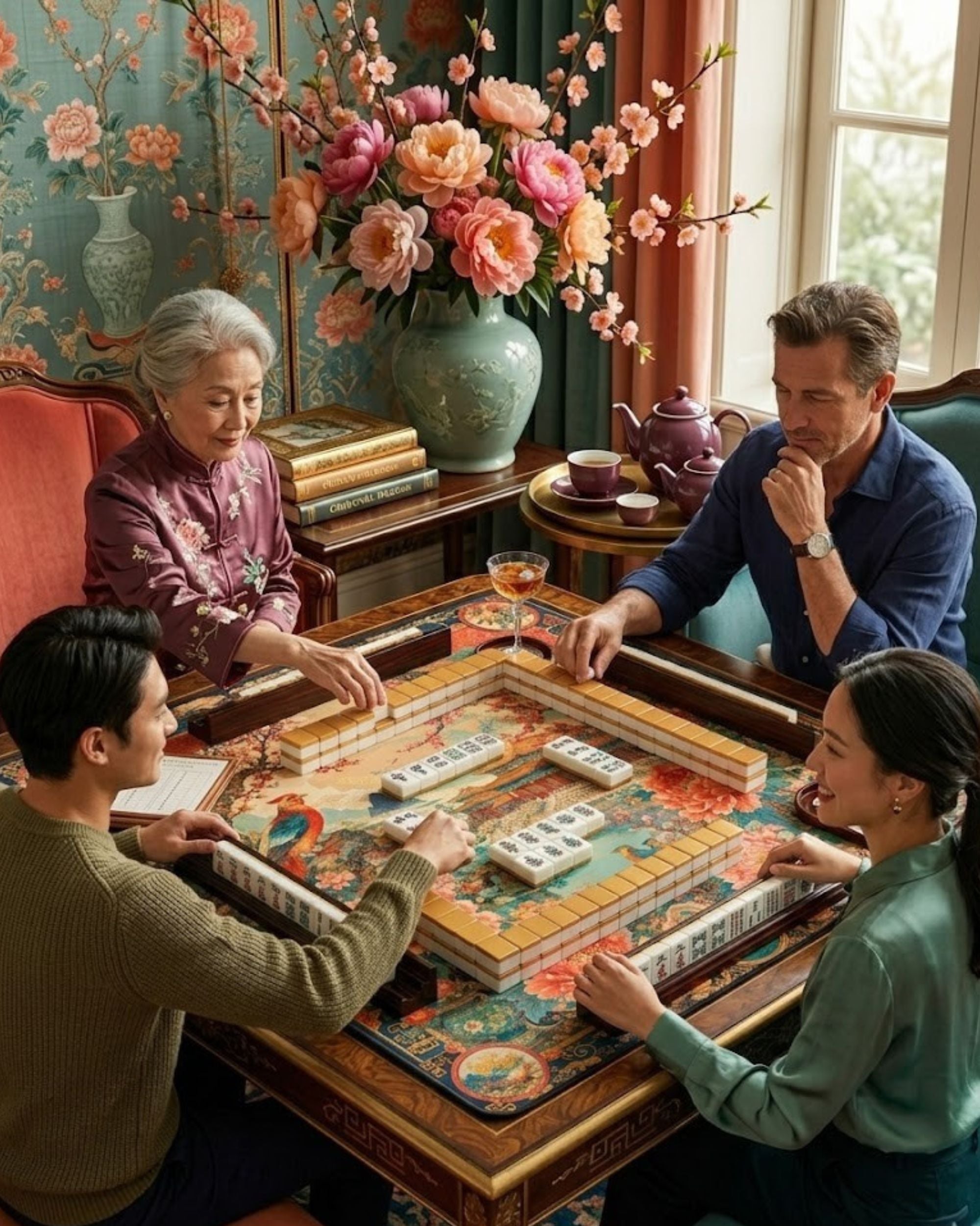 Premsons® Imperial Blossom Mahjong Mat – Luxury Oriental Mahjong Table Cover with Palace Garden, Peonies, Phoenix Bird & Cherry Blossom Artwork, Foldable Non-Slip Playing Mat for Game Night & Travel