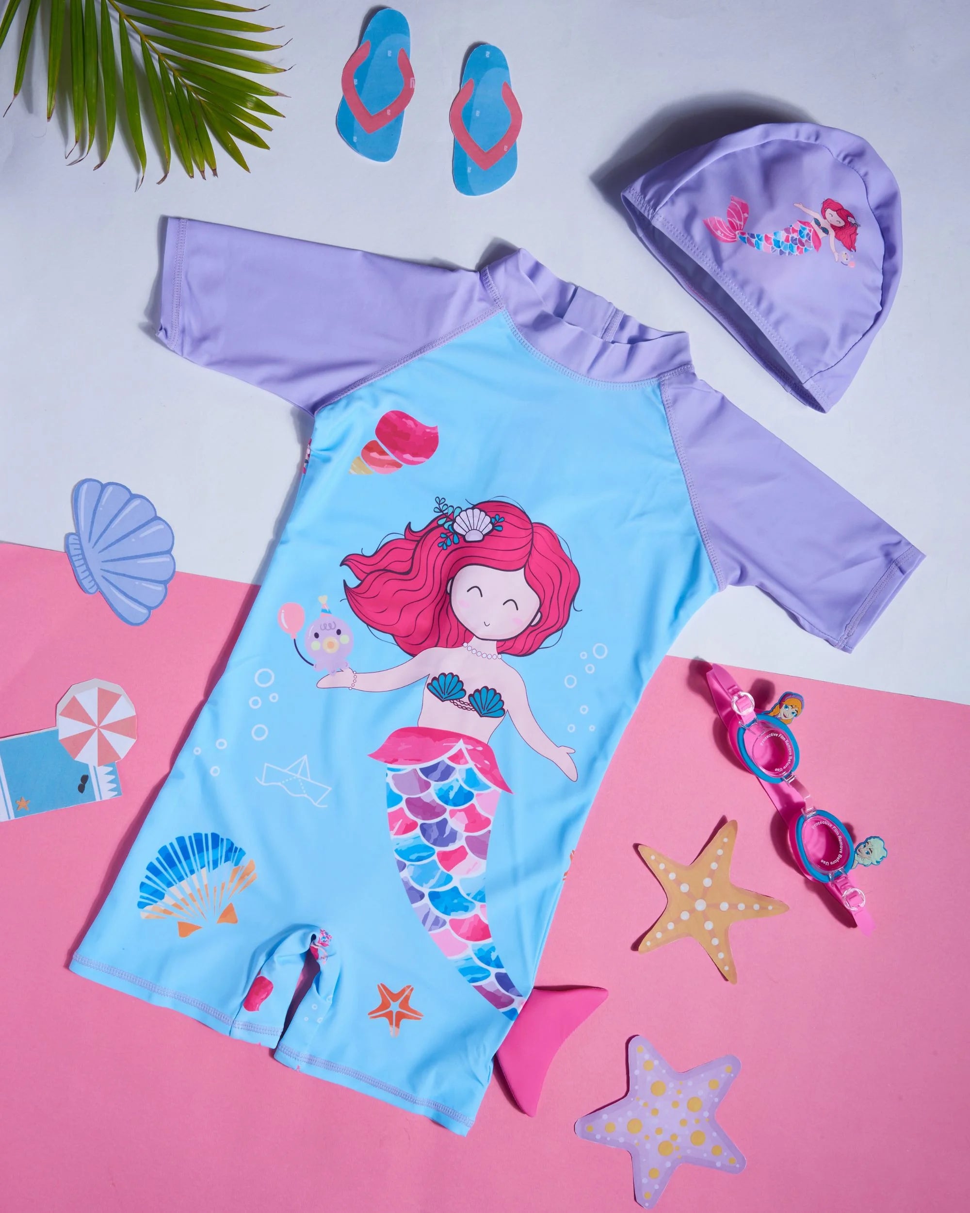 Premsons® Children's One-Piece Swimwear – Half Sleeve & Shorts Length Swimming Costume with Matching Cap - Mermaid - Blue & Purple