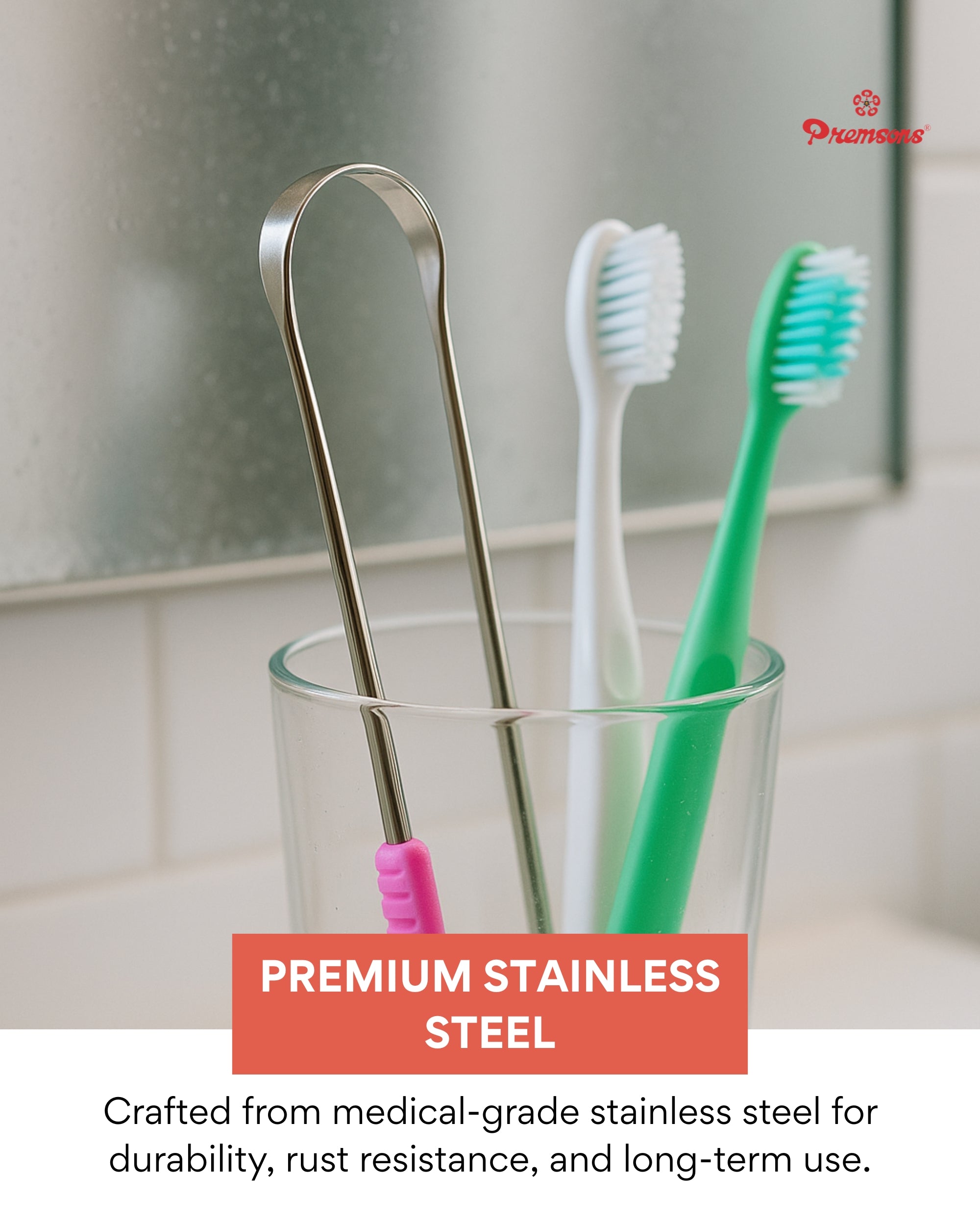 Premsons® Stainless Steel Tongue Cleaner with Soft Ergonomic Grip Handles – Premium Super Polish Oral Hygiene Scraper for Fresh Breath – Flexible, Strong, Rust-Free – Assorted Colour Options – Pack of 2