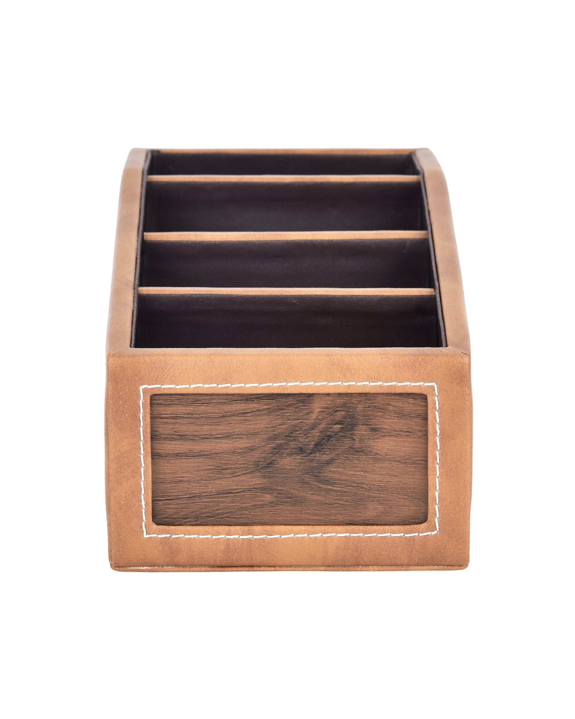 Premsons® Classic Remote Holder – 4 Section Tabletop Organizer in Light Brown | Faux Leather with Refined Wooden Finish | Decorative & Practical Organizer