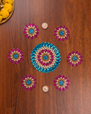 Premsons® Kundan Stone Rangoli Design Set of 7 (Blue & Pink) – Decorative Floor Art for Diwali, Pooja & Festive Home Décor
