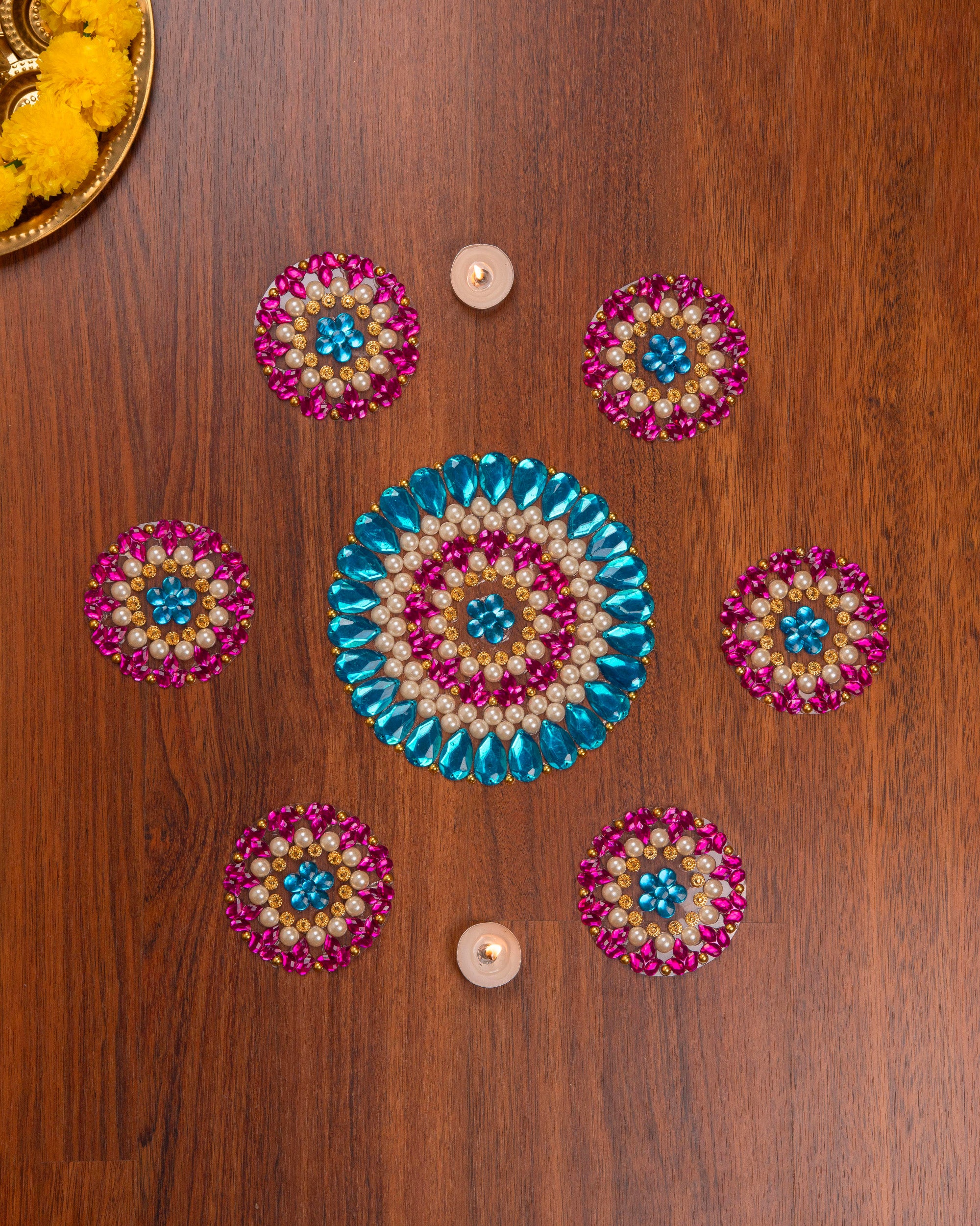 Premsons® Kundan Stone Rangoli Design Set of 7 (Blue & Pink) – Decorative Floor Art for Diwali, Pooja & Festive Home Décor