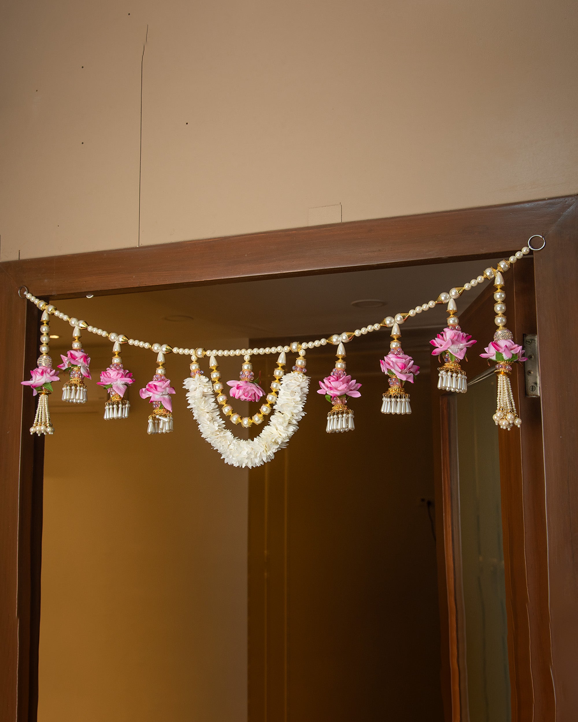 Premsons® Pink & White Floral Toran with Pearls – Decorative Door Hanging for Diwali, Pooja, Festivals & Home Celebration