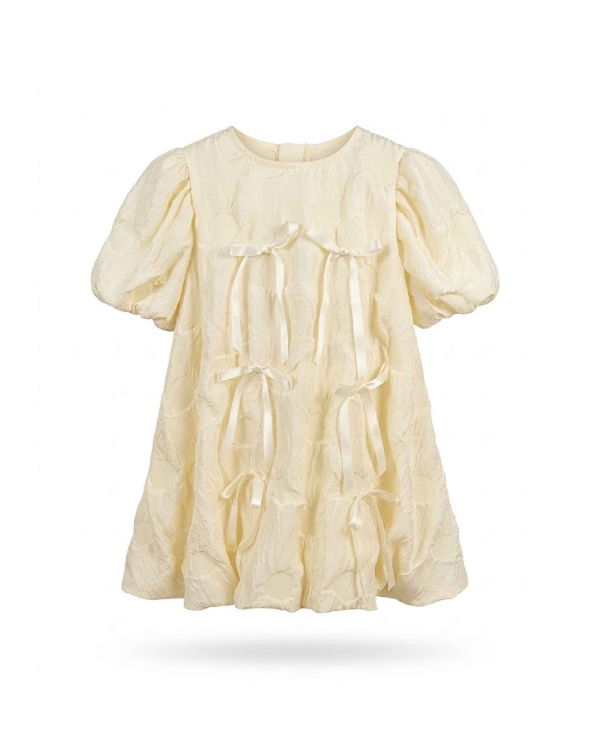 Cream Floral Textured Dress for Girls Elegant Puff Sleeve Occasion Wear Default Title
