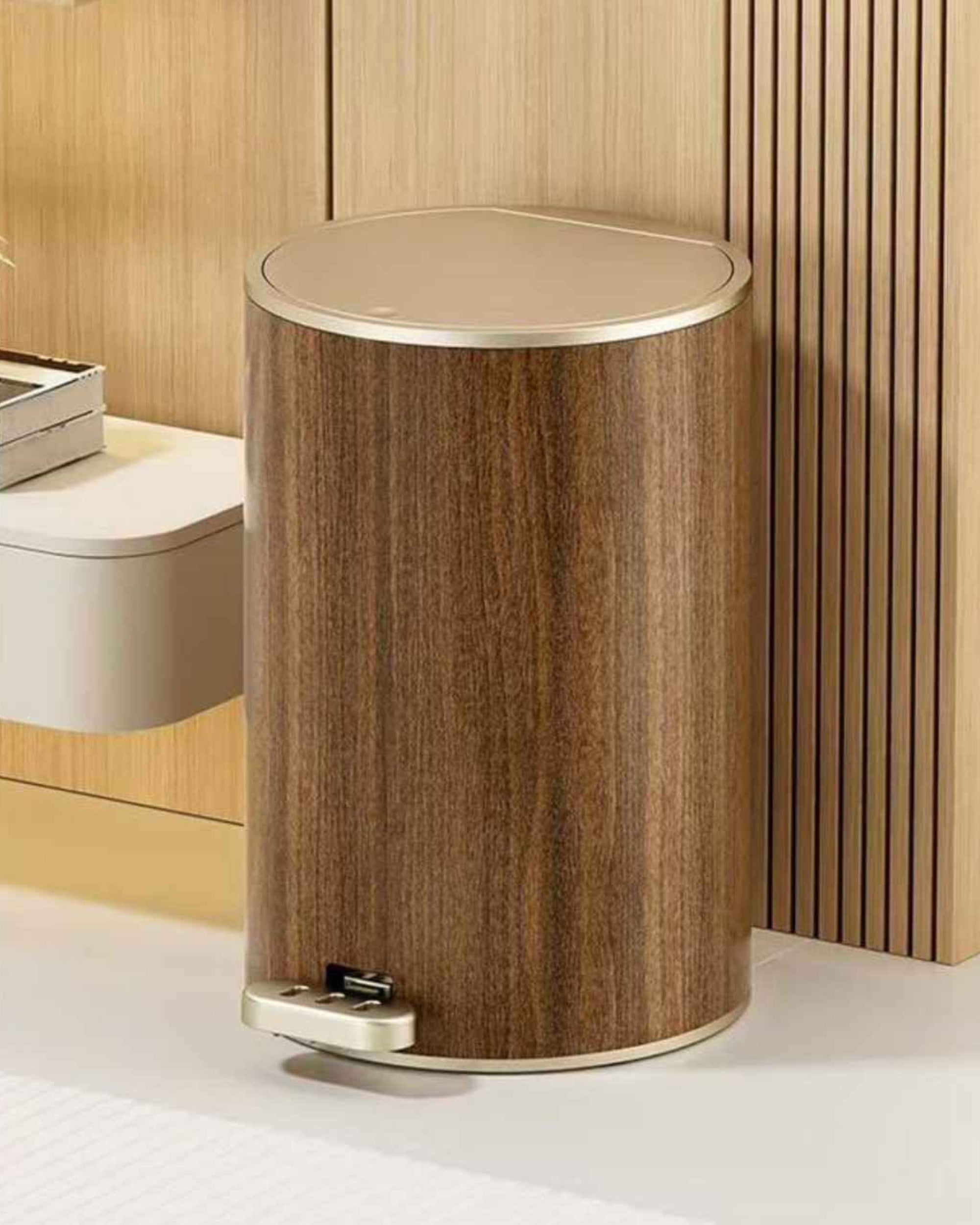 Premsons® Cylindrical Round Dustbin – Stylish Wood Effect Garbage Bin for Home, Office, Kitchen & Bathroom Waste Disposal