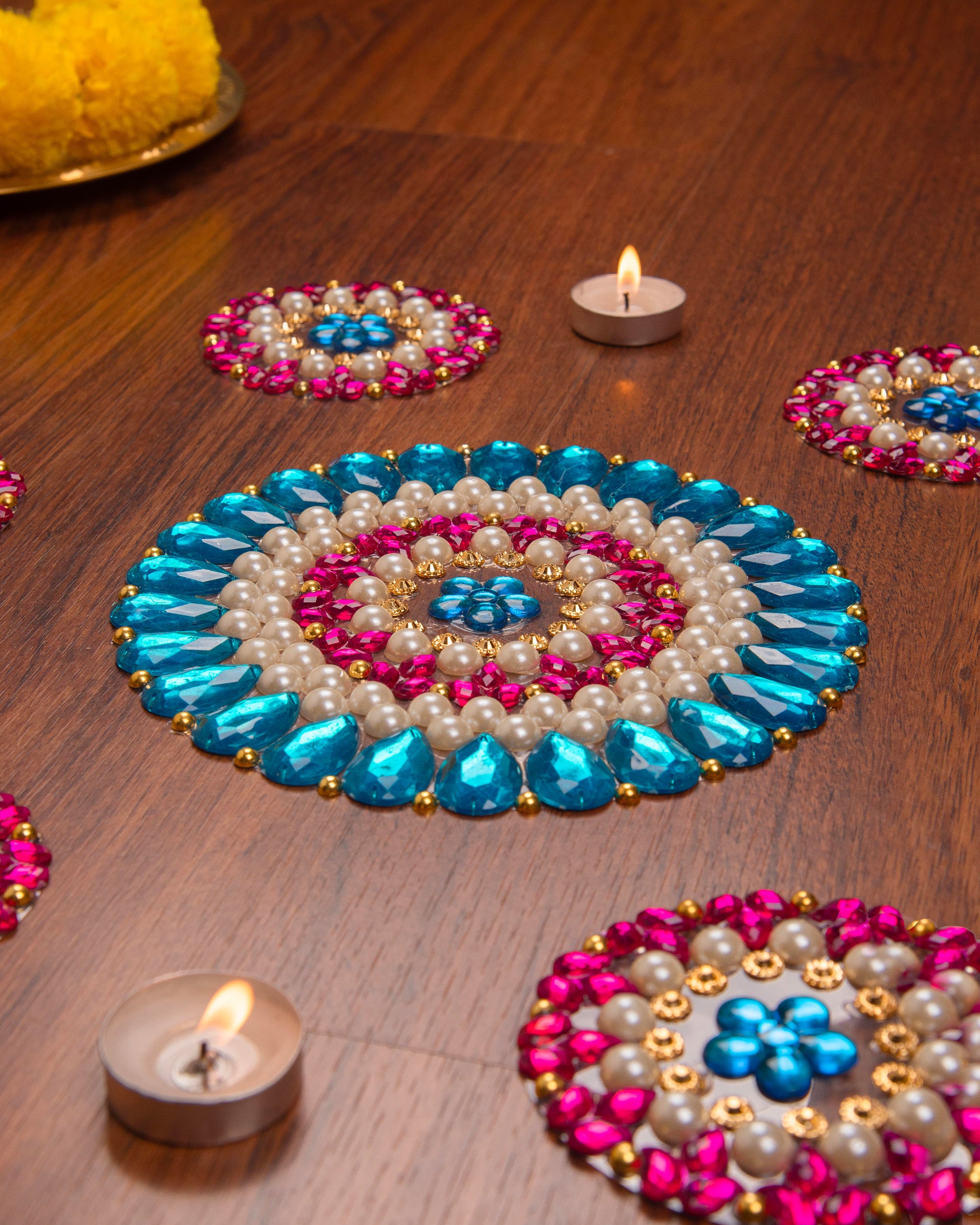 Premsons® Kundan Stone Rangoli Design Set of 7 (Blue & Pink) – Decorative Floor Art for Diwali, Pooja & Festive Home Décor