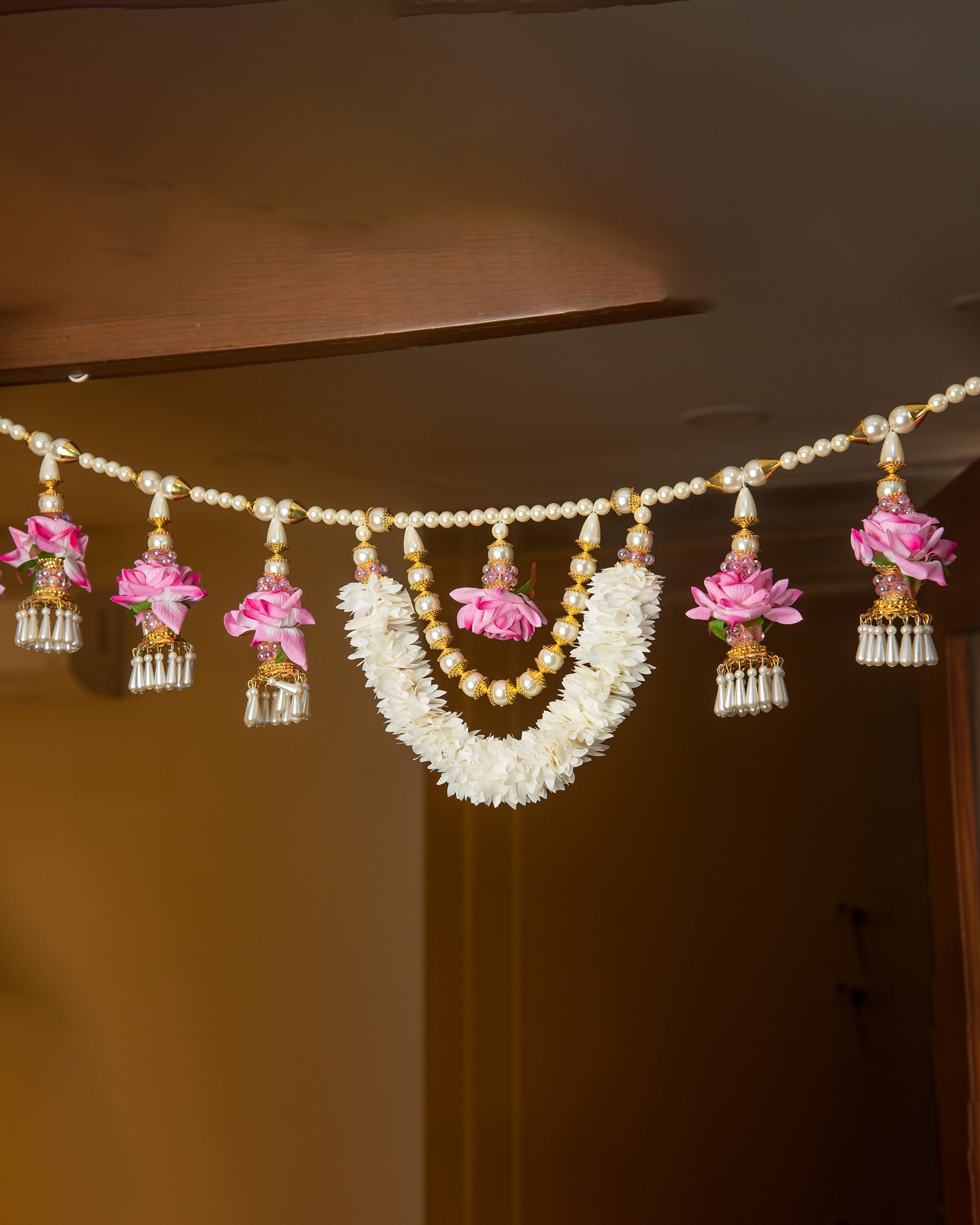 Premsons® Pink & White Floral Toran with Pearls – Decorative Door Hanging for Diwali, Pooja, Festivals & Home Celebration