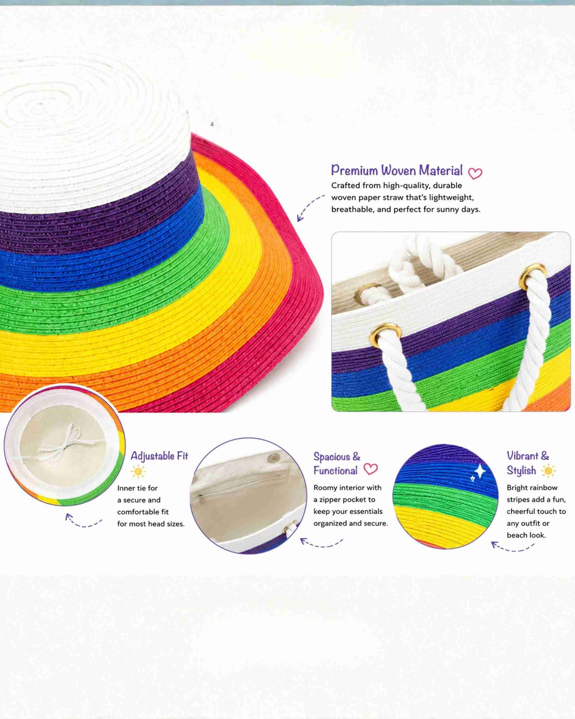 Premsons® Women's Rainbow Sun Hat & Beach Tote Combo | Wide Brim Straw Hat with Matching Shoulder Bag | Summer Vacation, Travel & Beach Essentials