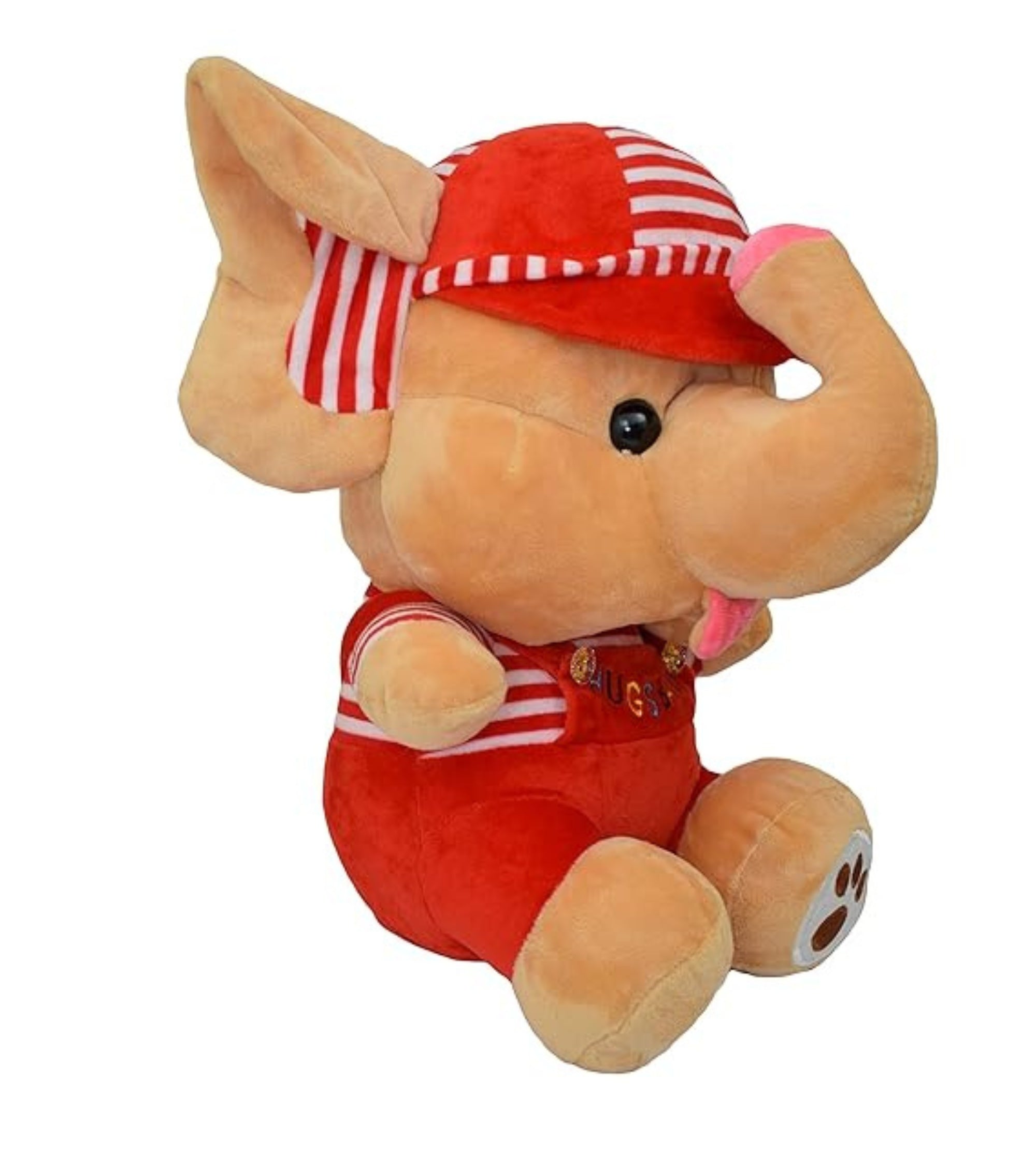 Premsons® Cute Elephant Soft Toy – Plush Stuffed Animal with Red Cap & Overalls | HUGS BABY Embroidered Design – Ideal Gift for Kids (Height: 35 cm)