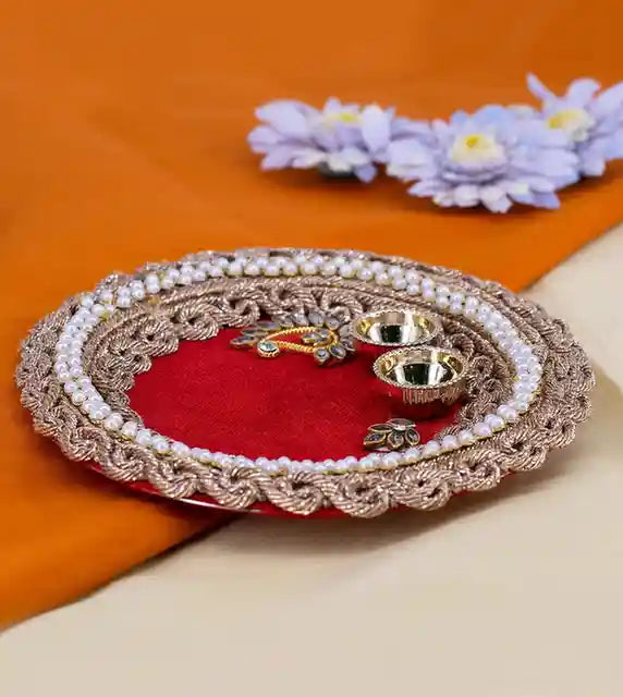 Premsons® Red Velvet & Gota Pooja Thali – Vibrant Festive Decor