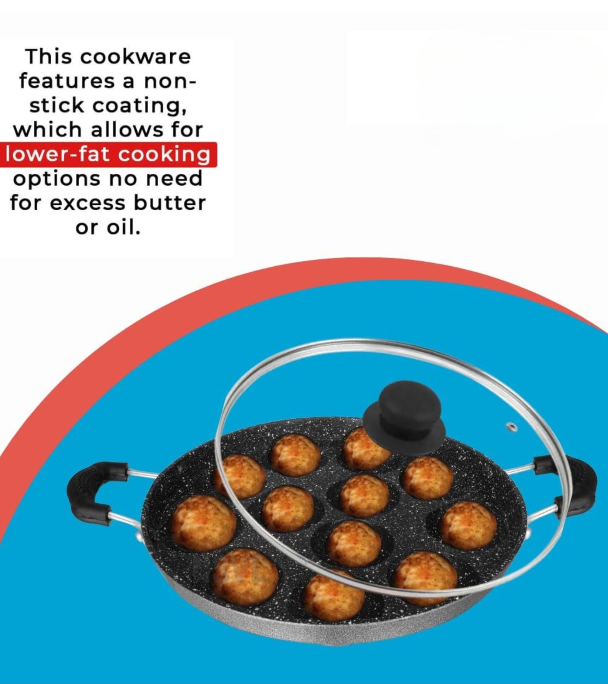 Premsons® Heavy-Base Non-Stick 12 Cavity Appam Patra with Glass Lid | Appam Maker | Appe Pan | Litti Maker | Non-Stick Appam Stand for Gas Stove Cooking