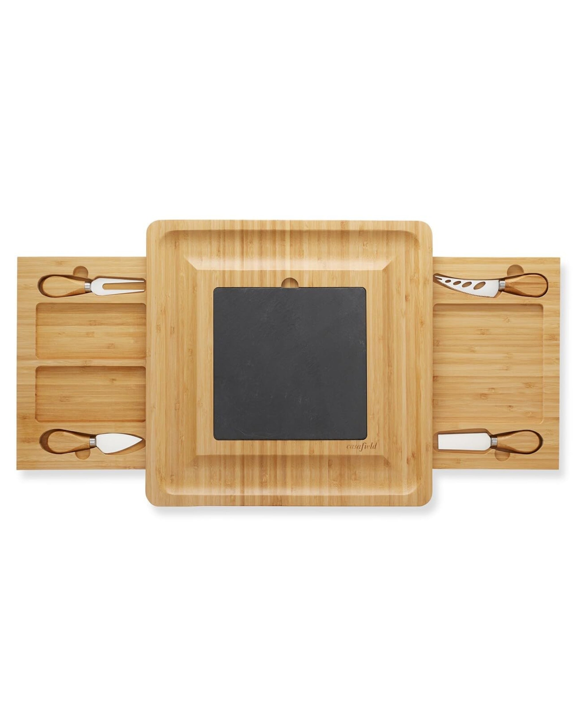 Premsons® Bamboo Cheese Board & Knife Set - Includes 4 Knife + Slide Out Drawer - Rectangle Serving Tray for Snacks Appetizers Cheese Fruits Crackers - Ideal for Home Party Dinner Special Occasions