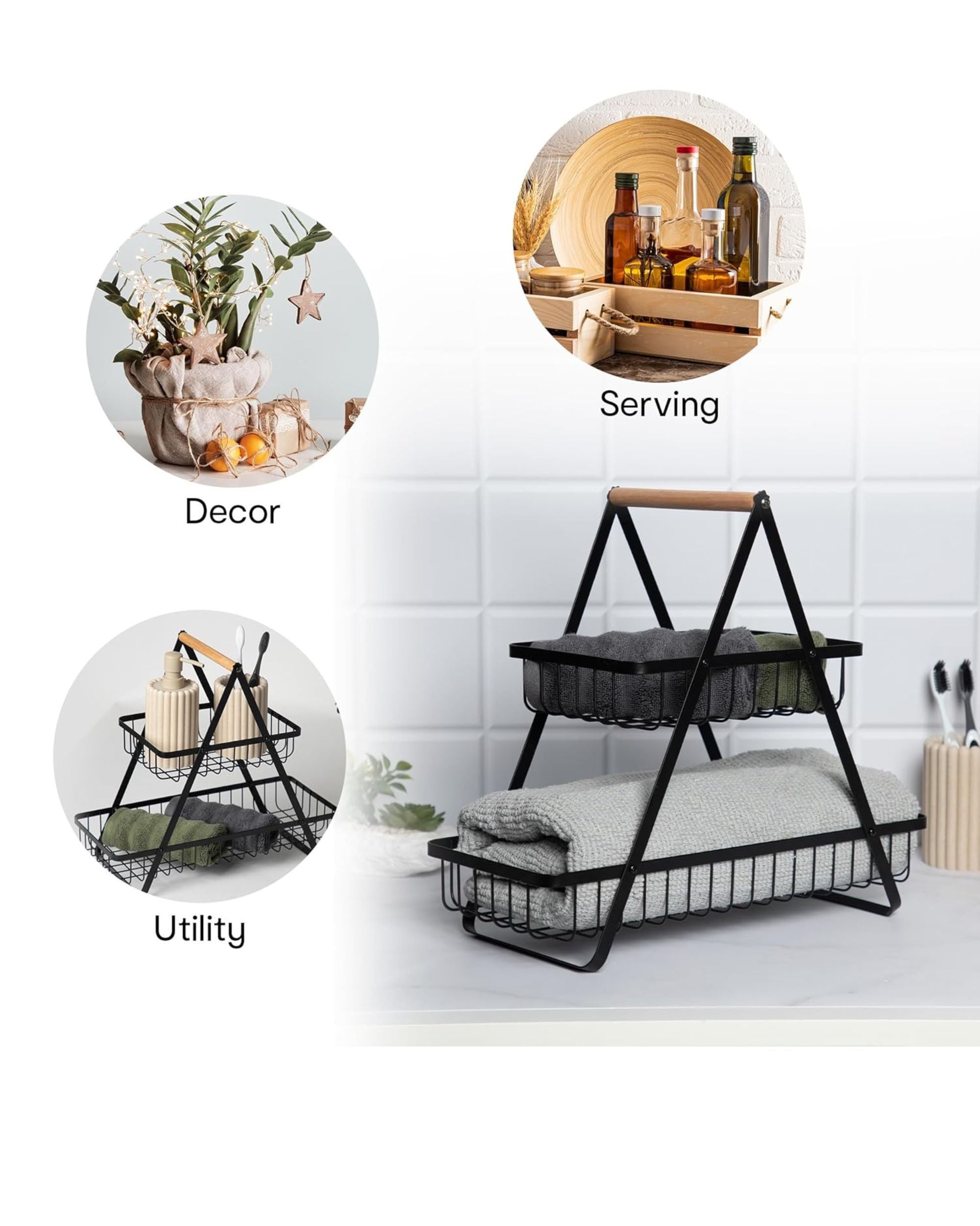 2-tier metal countertop organizer stand with wire baskets and wooden handle, with cloth and utensils