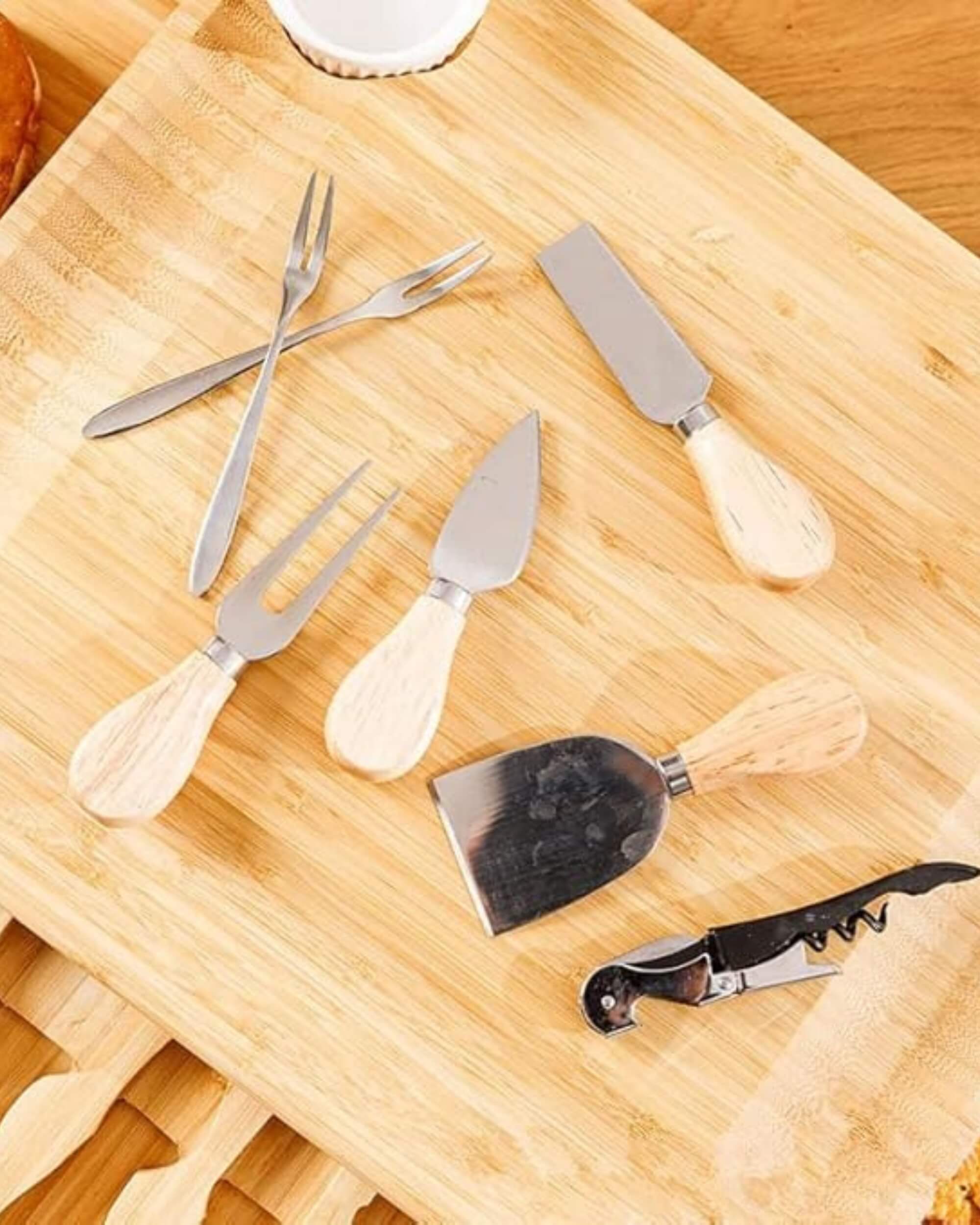 Premsons® Bamboo Cheese Board & Knife Set - 4 Knives + 4 Forks + Ceramic Bowl Set - Charcoal Slate Chalk Marker Cutlery Three Slide Out Drawer - Ideal for Home Dinner Special Occasions