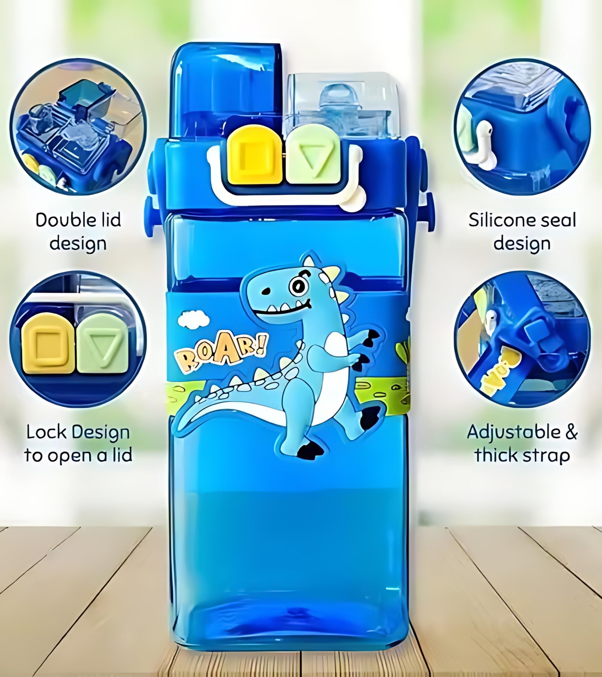 Premsons® Cute Dinosaur Dual-Chamber Water Bottle for Kids – BPA-Free, Leakproof, 2-in-1 Hydration Bottle with Strap – 520ml (Blue)