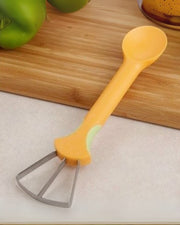 Melon slicer and seed remover tool with yellow-orange handle and stainless fork