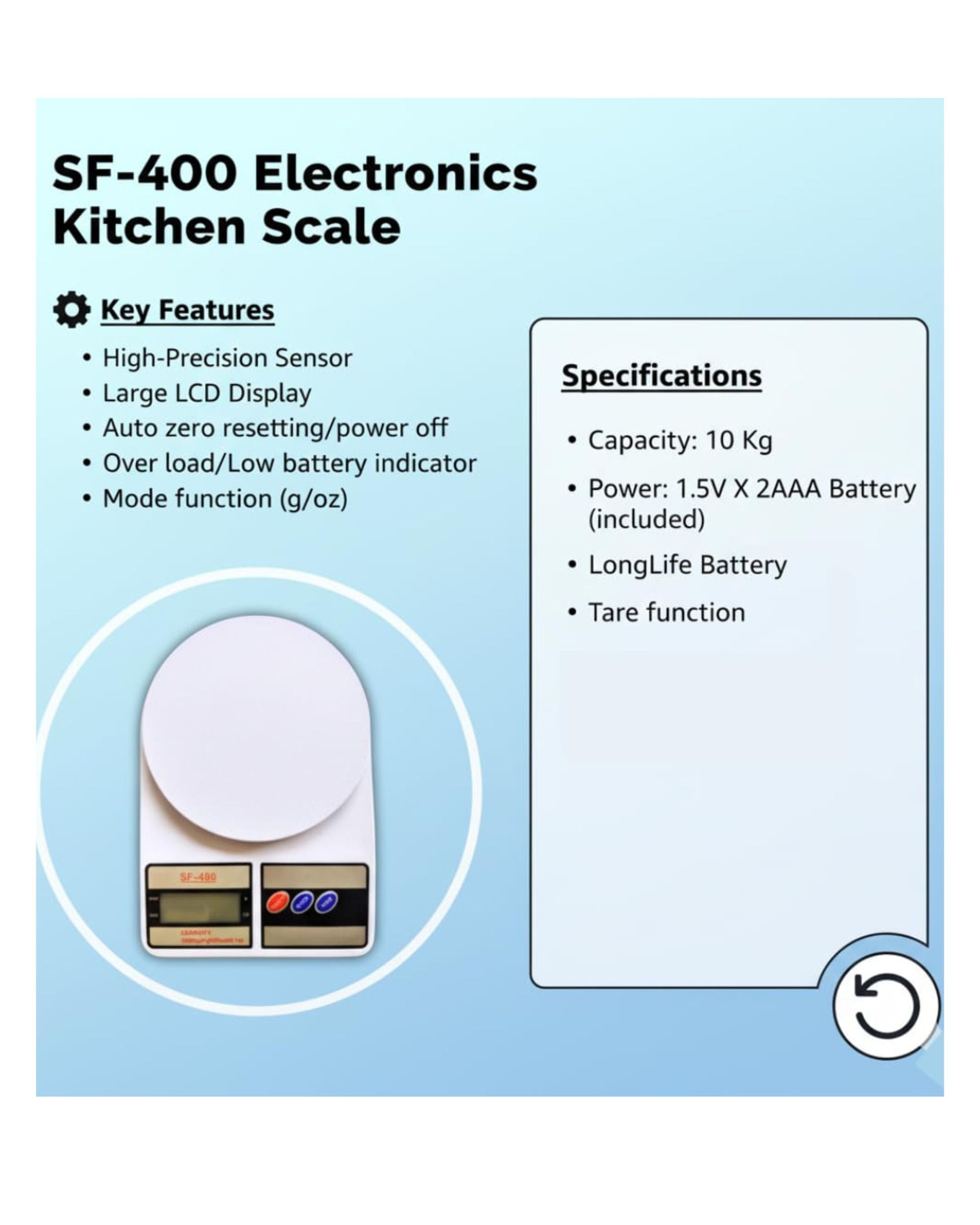 SF-400 kitchen scale infographic: 10 kg capacity, LCD, auto power off, tare function