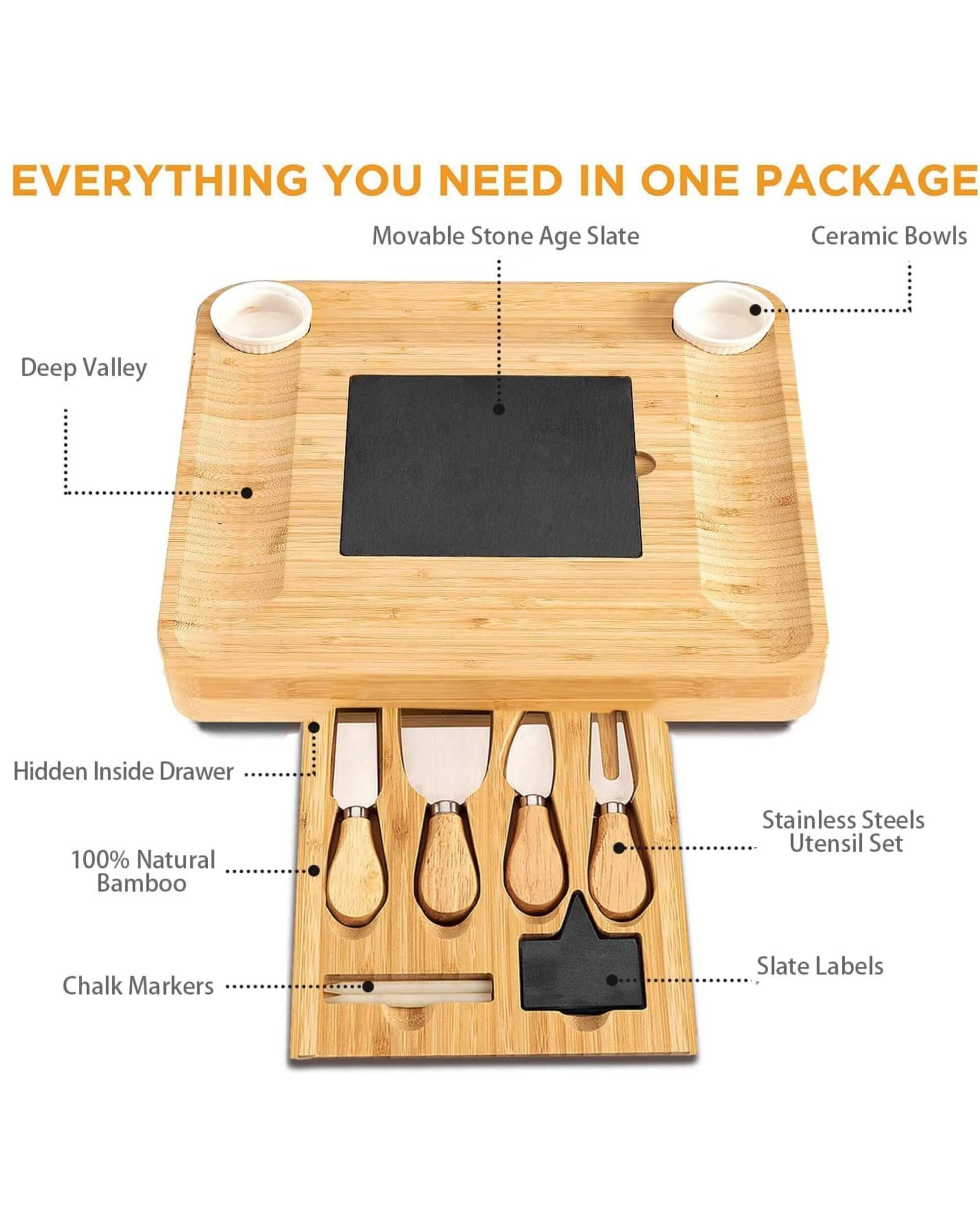 Premsons® Bamboo Cheese Board & Knife Set - Includes 4 Knives + 4 Forks + Ceramic Bowl Set -Charcoal Slate Chalk Marker Cutlery Slide Out Drawer -Ideal for Home Dinner Special Occasions
