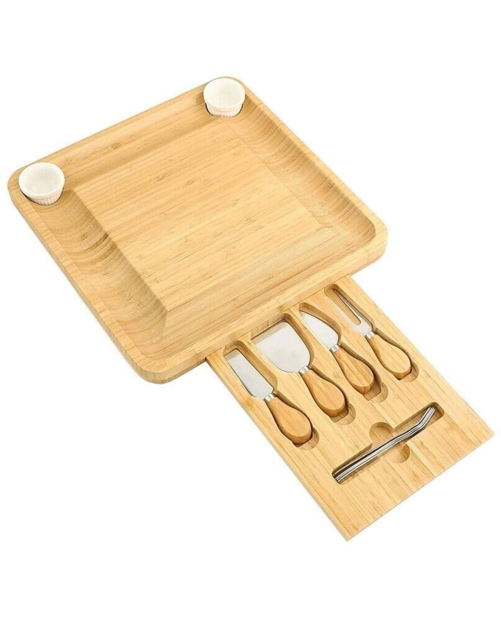 Premsons® Bamboo Cheese Board and Knife Set,Wood Charcuterie Platter with Slide-Out Drawer for Cutlery, 4 Stainless Steel Knives and 4 Forks