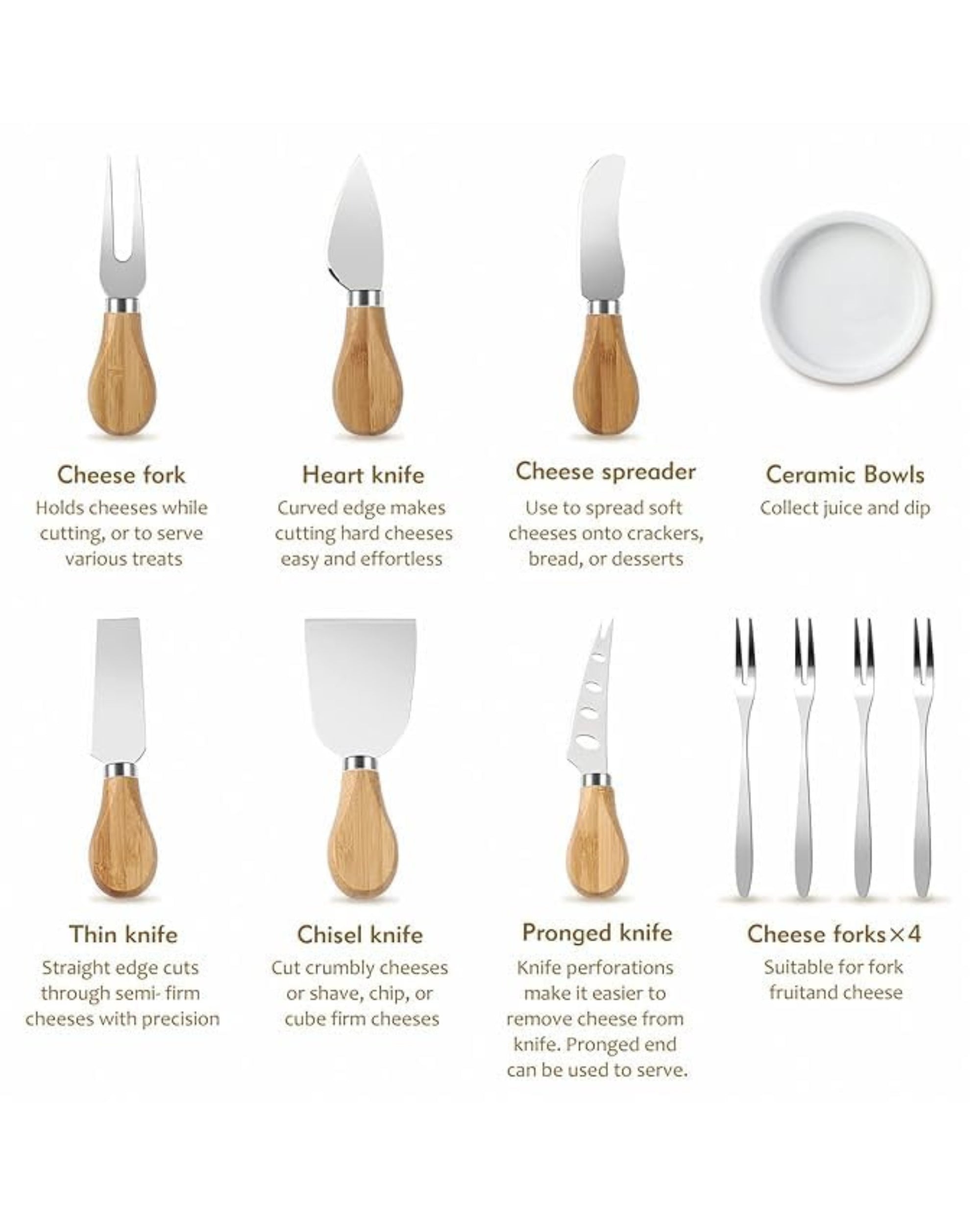 Premsons® Bamboo Cheese Board & Knife Set - Includes 6 Knives + 4 Forks Set - Circle Serving Tray for Snacks Appetizers Cheese Fruits Crackers - Ideal for Home Dinner Special Occasions