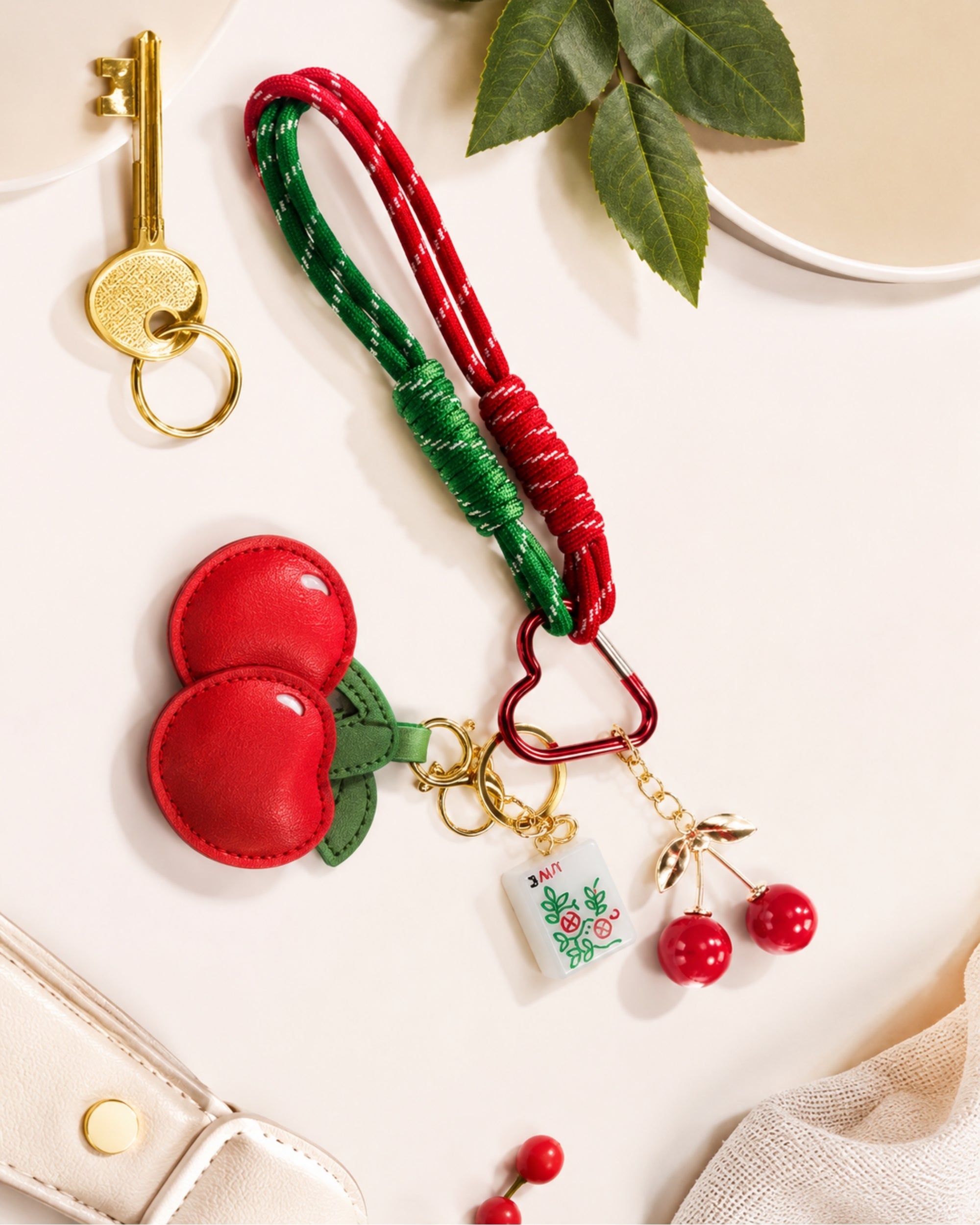 Premsons® Mahjong Keychain – Red & Green Braided Key Ring with Cherry & Mahjong Tile Charms