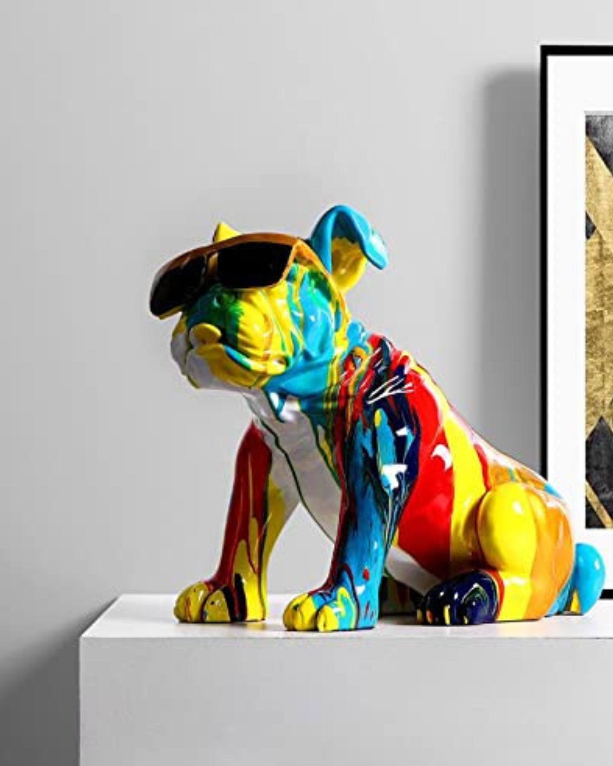 Premsons® Graffiti Bulldog Statue Decor – Multicolor Resin Frenchie Figurine with Sunglasses | Enamel Hand-Painted Dog Showpiece for Home, Living Room, Office & Garden Decoration