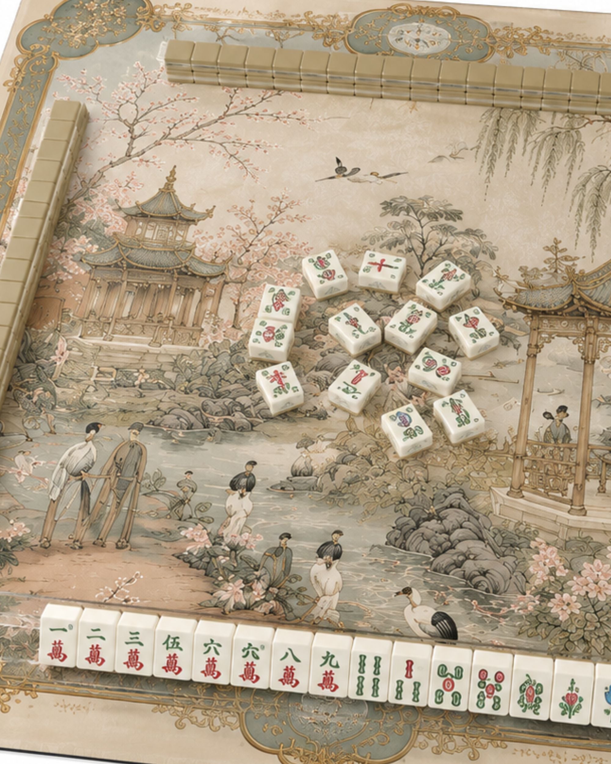 Premsons® Vintage Oriental Garden Mahjong Mat – Luxury Non-Slip Foldable Mahjong Table Cover with Pagoda & Cherry Blossom Design