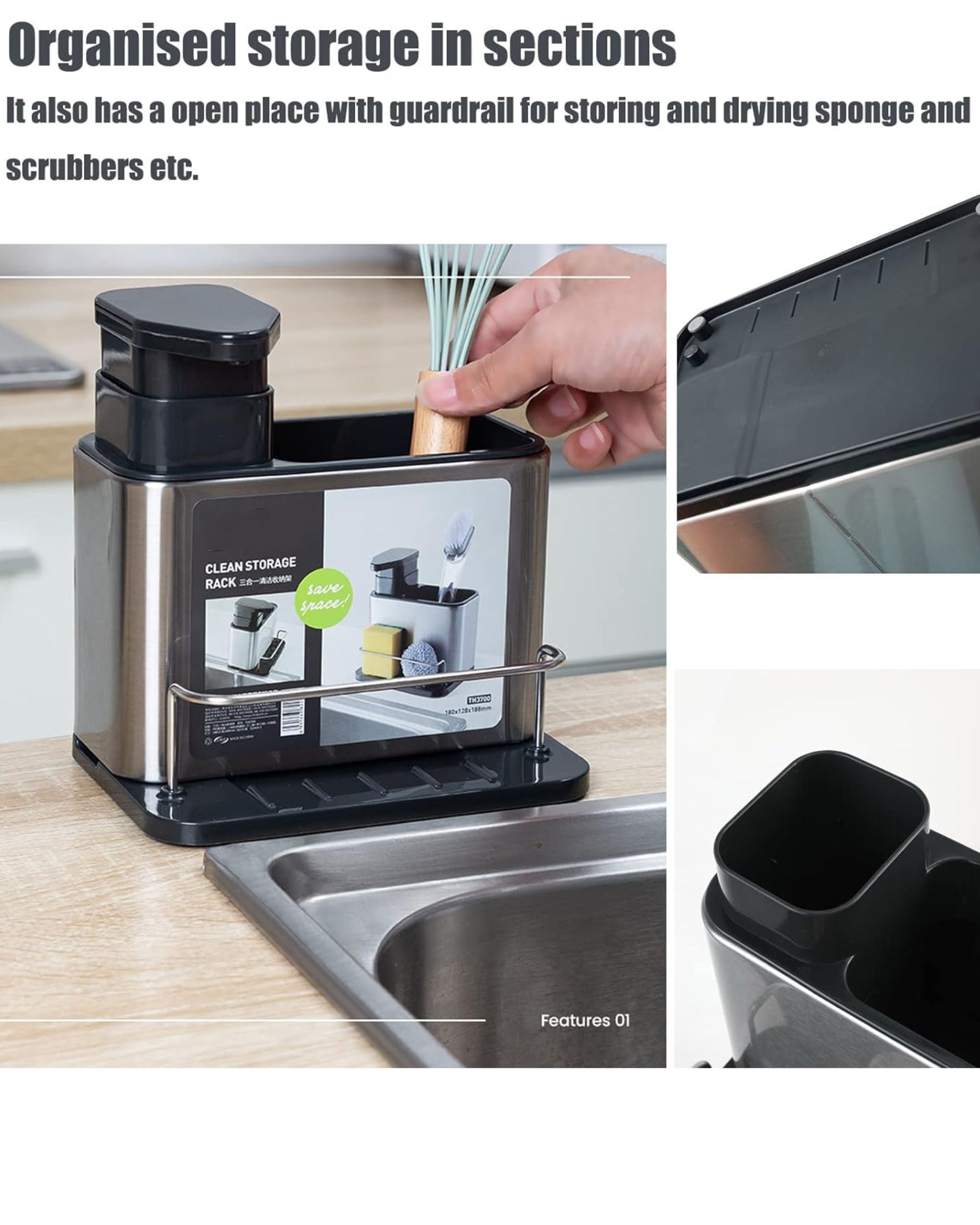 Premsons® Stainless Steel Kitchen Sink Organizer Rack with Soap Dispenser - 2 in 1 Sponge Holder, Dishwashing Liquid Dispenser & Storage Stand