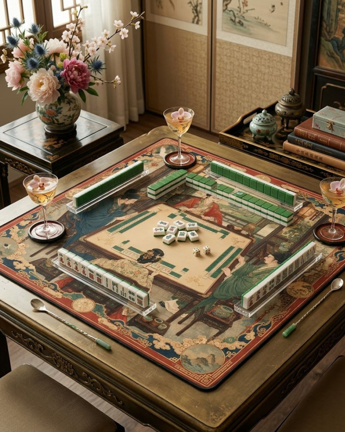 Printed oriental mahjong playing mat with palace artwork and green layout on a table