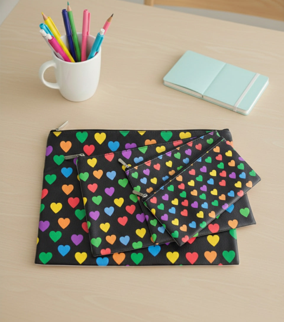 Premsons® Heart Design Leather Pouch Set of 4 (1XL, 1L, 1M, 1S) | Elegant Romantic Pattern, Premium Finish, Zip Closure, Multipurpose Storage