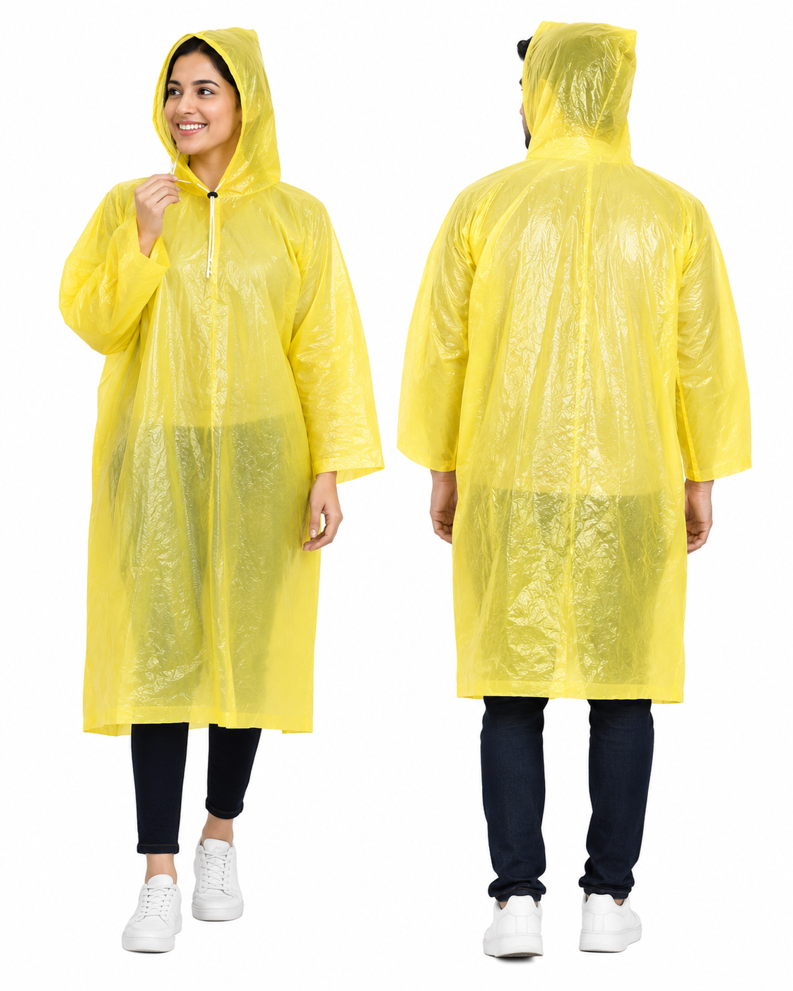 Yellow hooded rain poncho with sleeves, front and back view, unisex waterproof