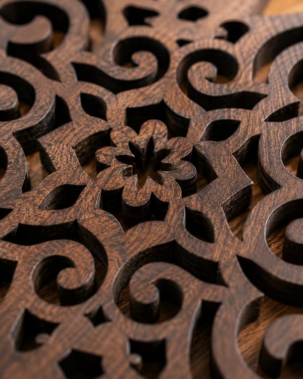 Premsons® Wooden Trivet Square Floral Scroll Cutwork Design Dark Brown Heat Resistant Table Protector for Hot Pots, Pans & Serving Dishes(Pack of 2)