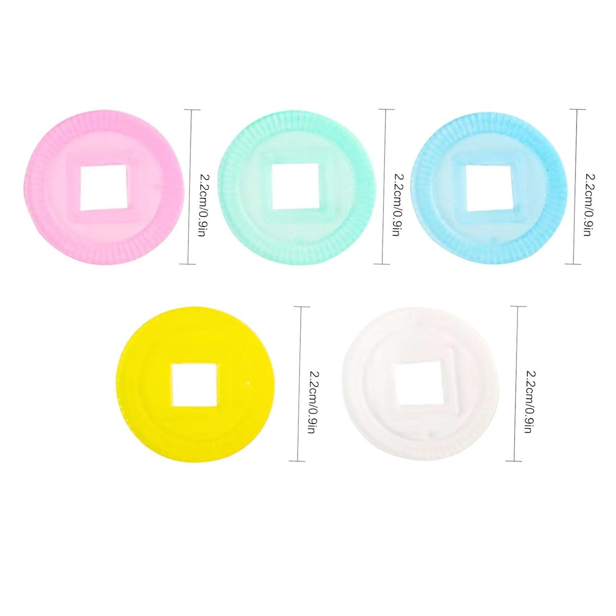 Round translucent mahjong scoring chips in pink, mint, blue, yellow, and white