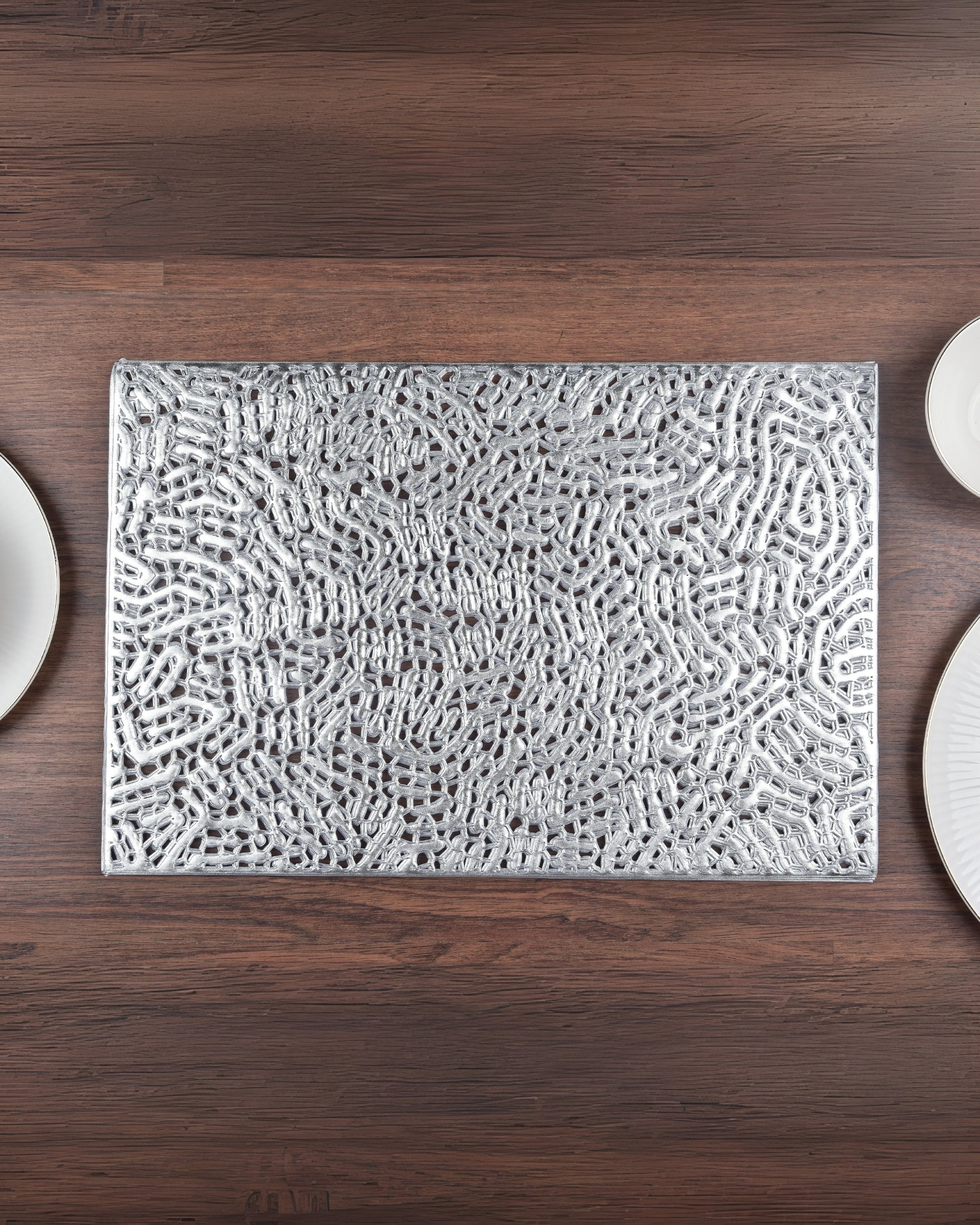 Premsons® Silver Mesh Design Rectangle Metallic Placemats – Washable, Wipeable, Non-Slip & Stain-Resistant Table Mats for Dining, Kitchen, Wedding & Party Décor
