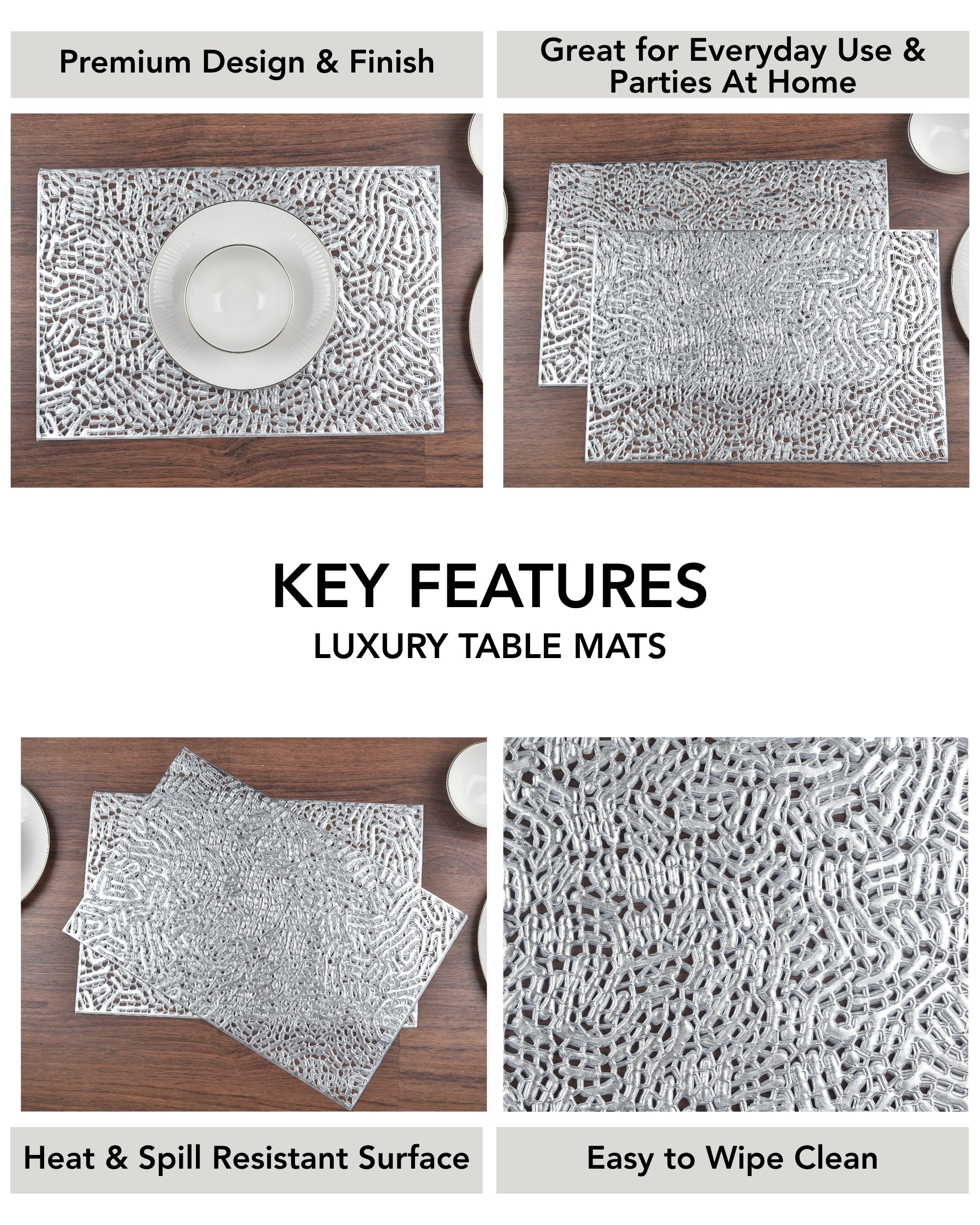 Premsons® Silver Mesh Design Rectangle Metallic Placemats – Washable, Wipeable, Non-Slip & Stain-Resistant Table Mats for Dining, Kitchen, Wedding & Party Décor
