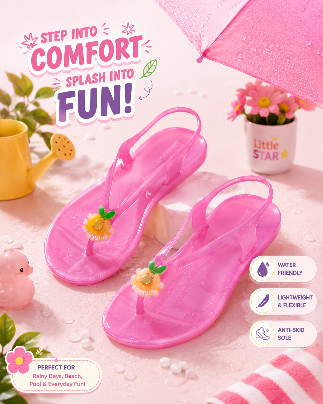 Bright pink girls' jelly sandals with floral charms and clear straps