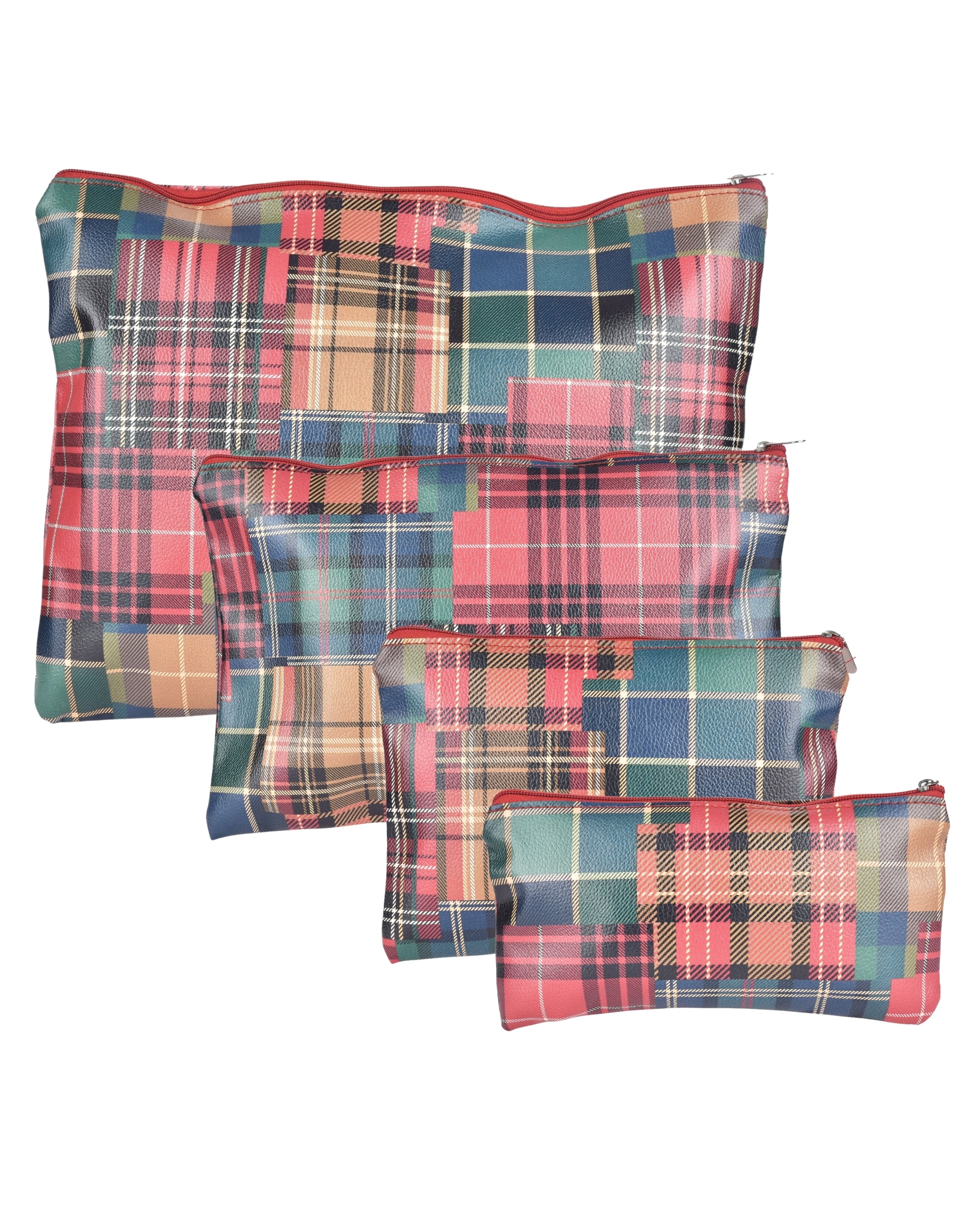 Eternia® Multipurpose Organizer Pouch – Tartan Printed Artificial Leatherette Cosmetic & Stationery Bag for Travel, Office & Daily Use