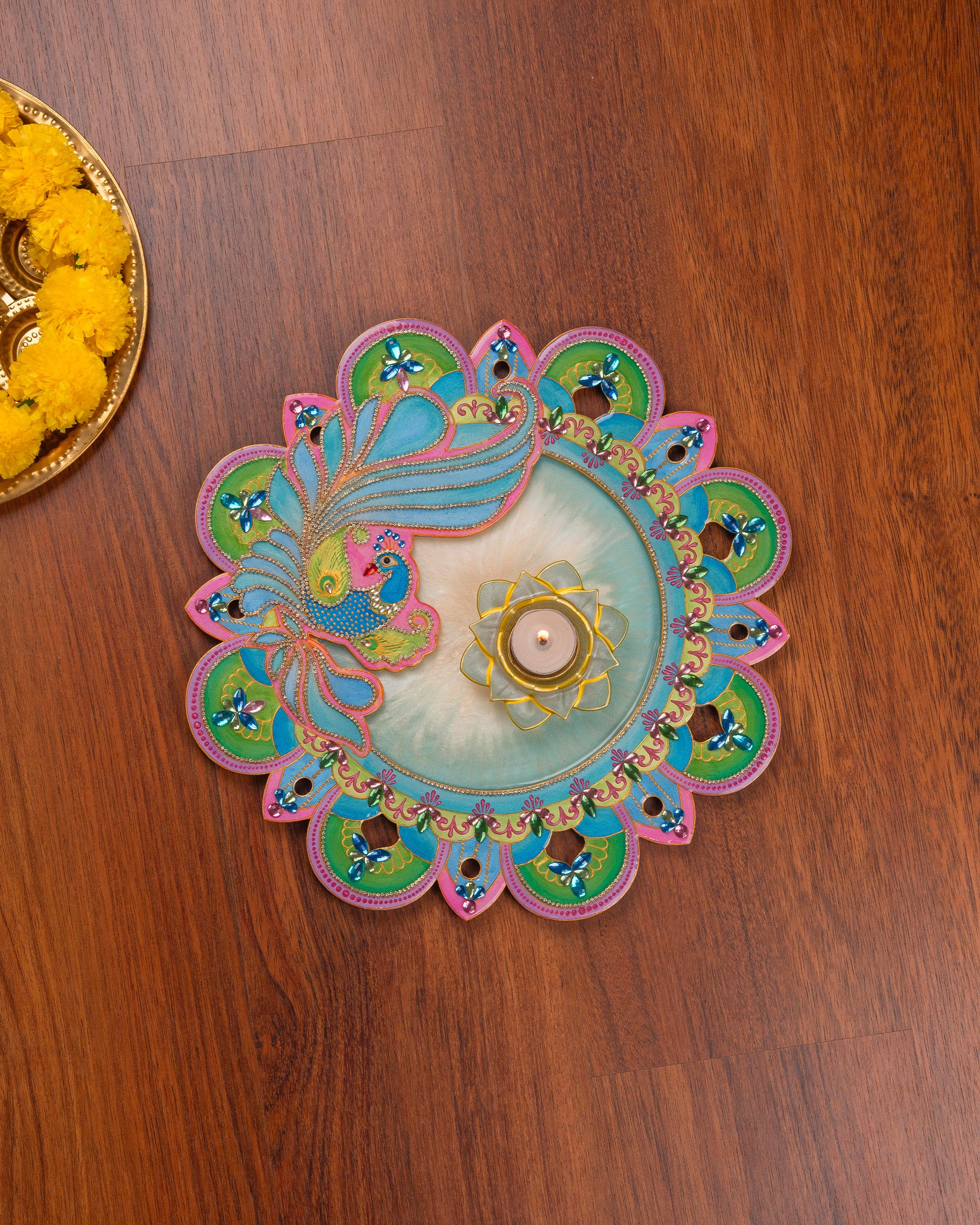 Premsons® Peacock Design Readymade Rangoli with 1 Floral Diya – Decorative Floor Art for Diwali, Pooja & Festive Home Décor