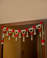 Premsons® Flower & Pearl Toran – Red Decorative Door Hanging for Diwali, Pooja, Festivals & Home Celebration