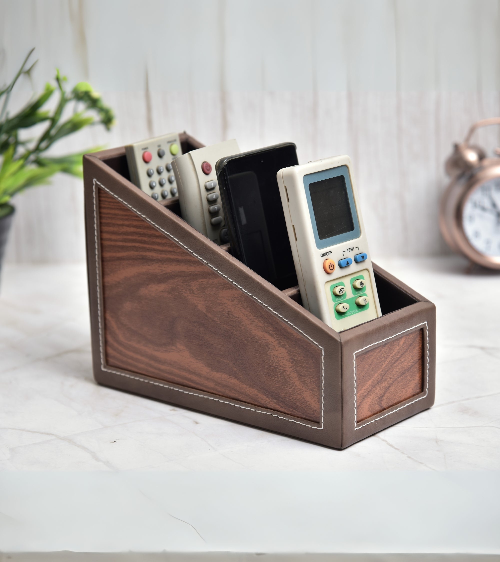 Premsons® Remote Holder Artificial Leather with Wooden Finish – 4 Section Tabletop Organizer for TV, AC & Office Desk Accessories – Compact & Stylish Storage Solution for Home & Office