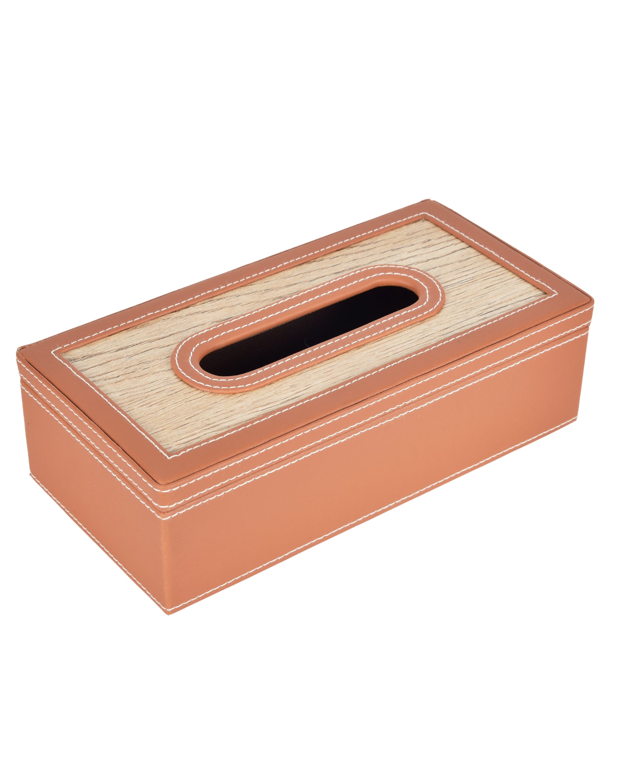 Premsons® Classic Rectangular Tissue Holder – Elegant Leatherette Tissue Box with Wooden Top Finish for Home, Office & Car – Stylish, Durable & Functional Tissue Dispenser for Everyday Use(Orange)