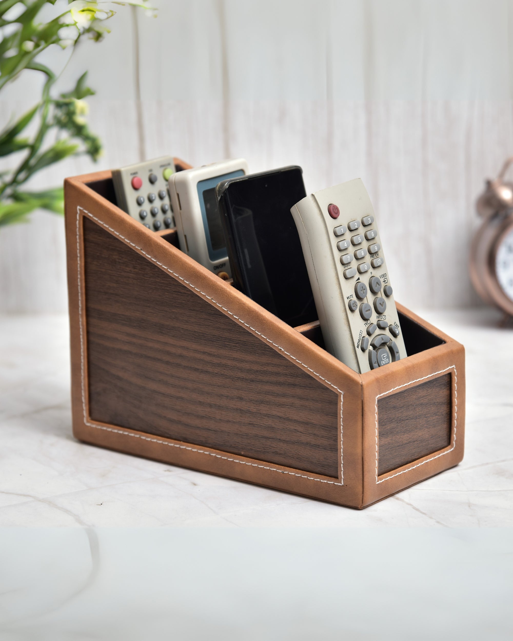 Premsons® Remote Holder Artificial Leather with Wooden Finish – 4 Section Tabletop Organizer for TV, AC & Office Desk Accessories – Compact & Stylish Storage Solution for Home & Office
