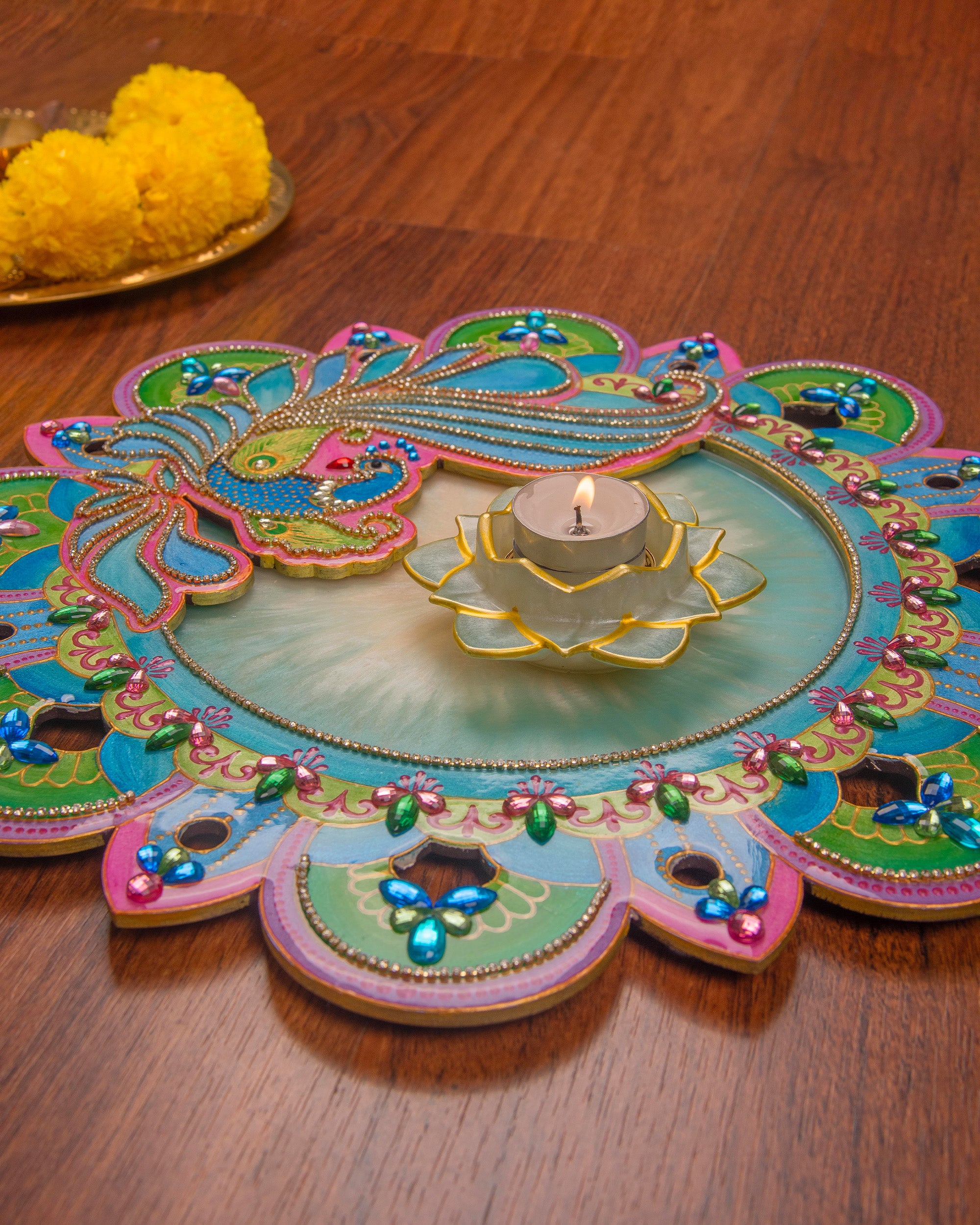 Premsons® Peacock Design Readymade Rangoli with 1 Floral Diya – Decorative Floor Art for Diwali, Pooja & Festive Home Décor