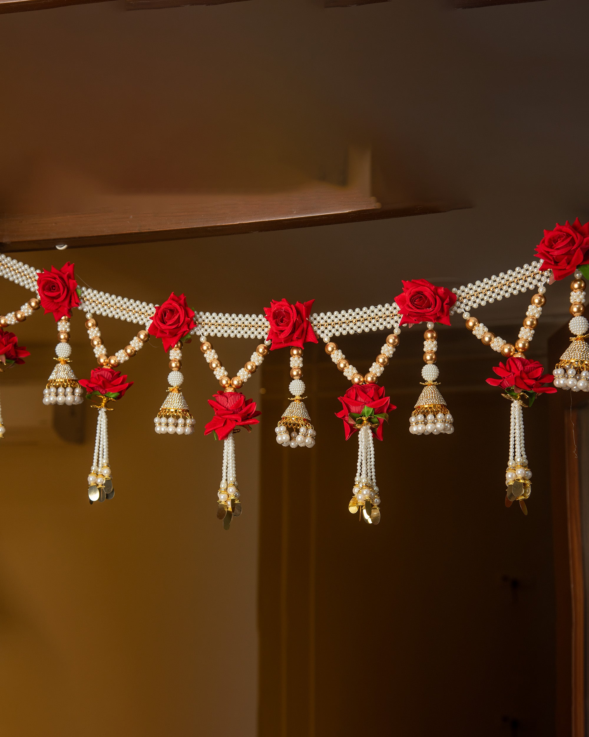 Premsons® Flower & Pearl Toran – Red Decorative Door Hanging for Diwali, Pooja, Festivals & Home Celebration