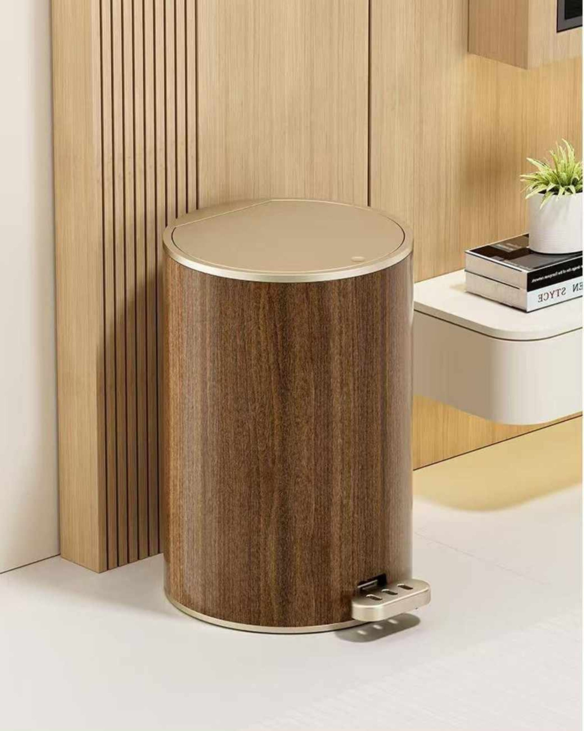 Premsons® Cylindrical Round Dustbin – Stylish Wood Effect Garbage Bin for Home, Office, Kitchen & Bathroom Waste Disposal
