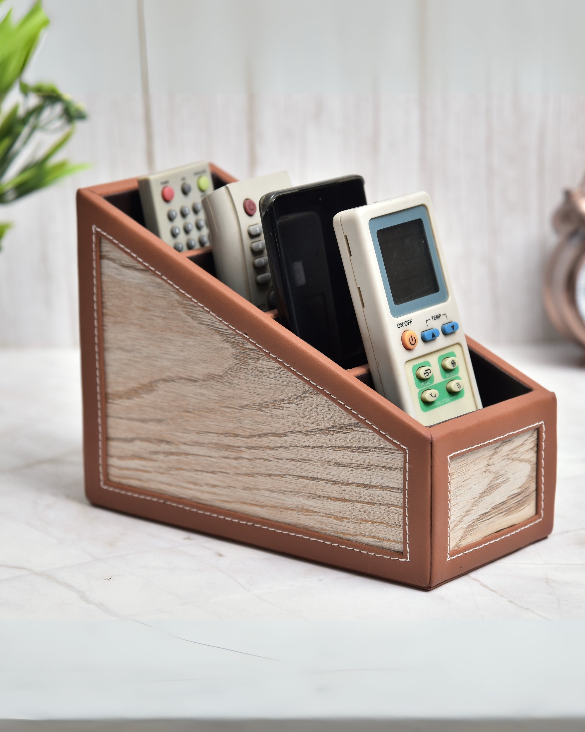 Premsons® Remote Holder Artificial Leather with Wooden Finish – 4 Section Tabletop Organizer for TV, AC & Office Desk Accessories – Compact & Stylish Storage Solution for Home & Office