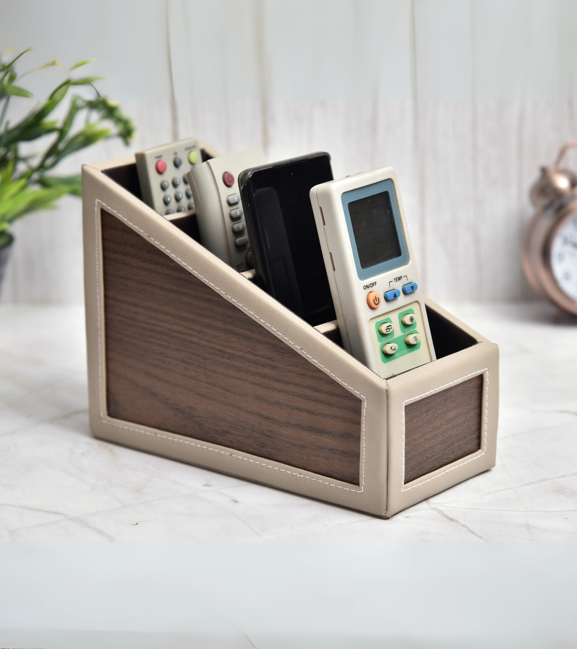 Premsons® Remote Holder Artificial Leather with Wooden Finish – 4 Section Tabletop Organizer for TV, AC & Office Desk Accessories – Compact & Stylish Storage Solution for Home & Office