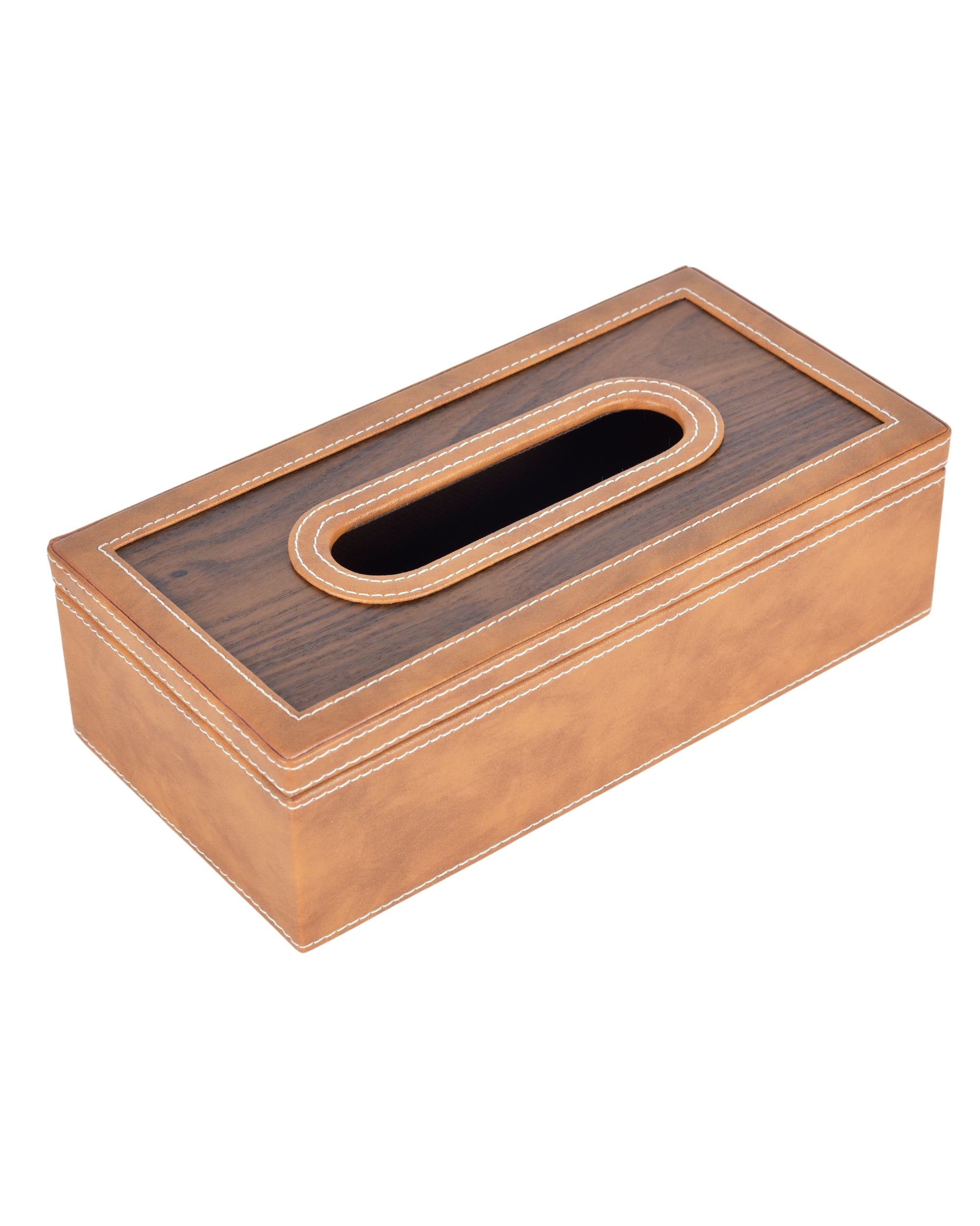 Premsons® Classic Rectangular Tissue Holder – Elegant Leatherette Tissue Box with Wooden Top Finish for Home, Office & Car – Stylish & Durable Tissue Dispenser for Everyday Use(Light Brown)
